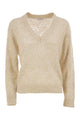Brunello Cucinelli Beige Brunello Cucinelli Openwork Pure Cashmere Sweater Featuring An Abstract Leaf Motif And Micro-Sequins