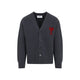Ami Paris Ami De Coeur Cardigan In Grey Mélange Merino Wool Knit