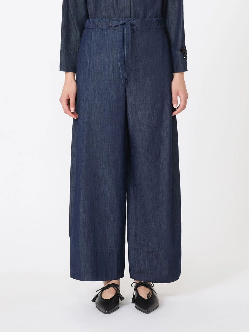 S Max Mara Stmjour - Wide-Leg Cotton Denim Trousers With Drawstring Waist