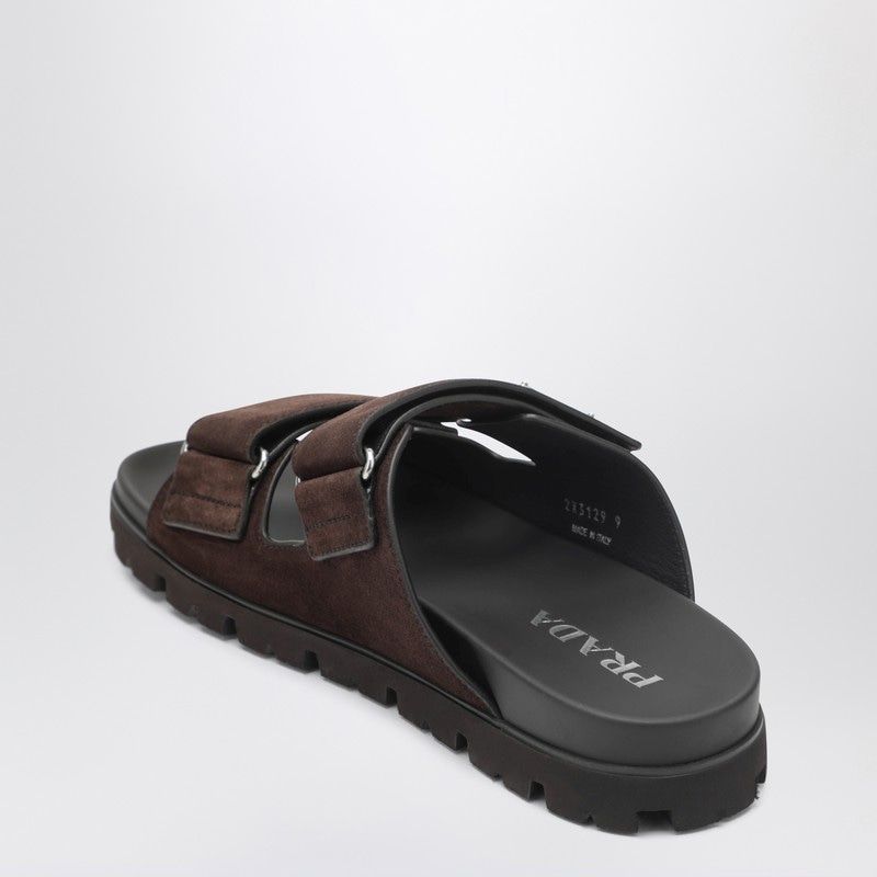 Prada Strappy Sandals In Dark Brown Suede Leather