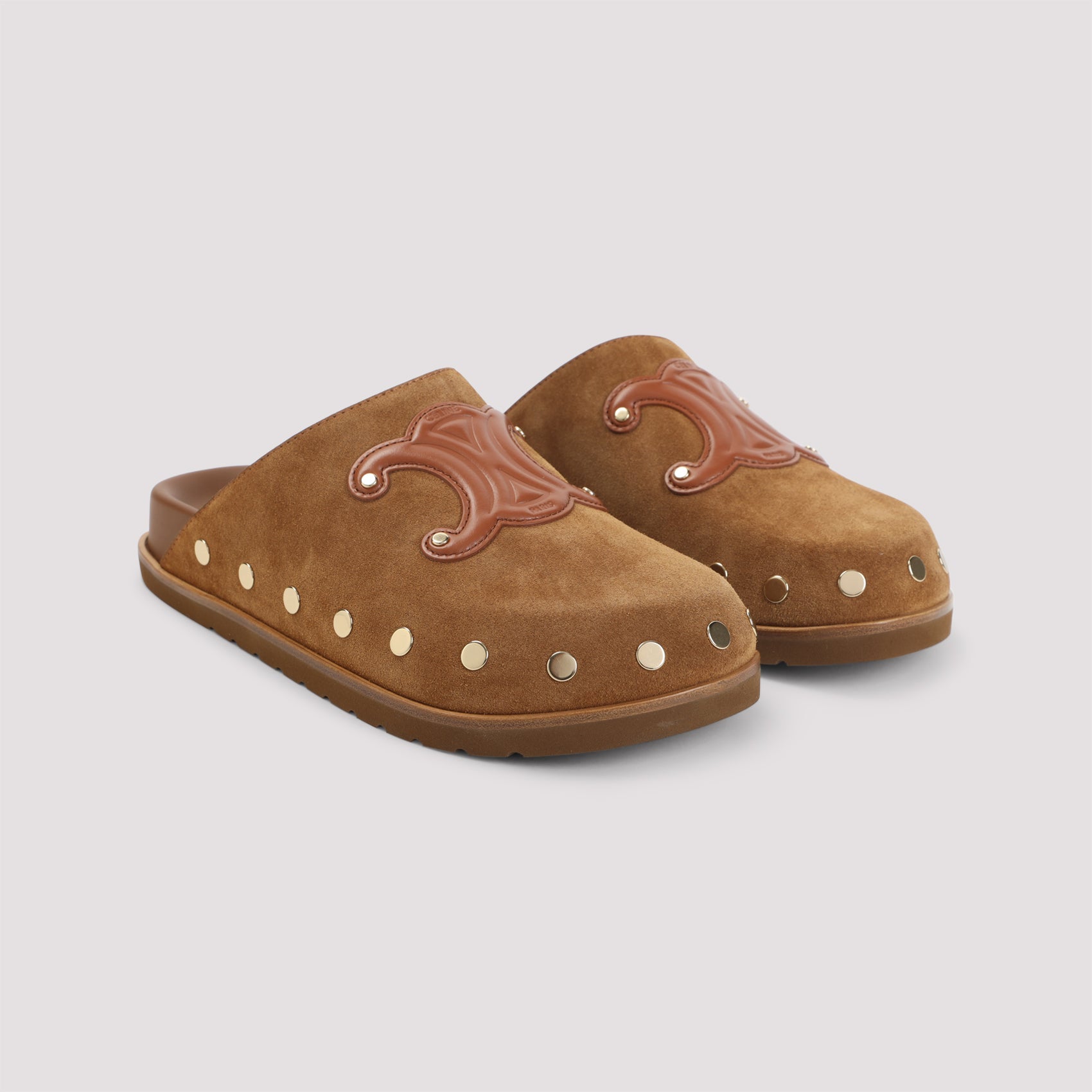Celine Brown Triomphe Wedge Suede Leather Mules