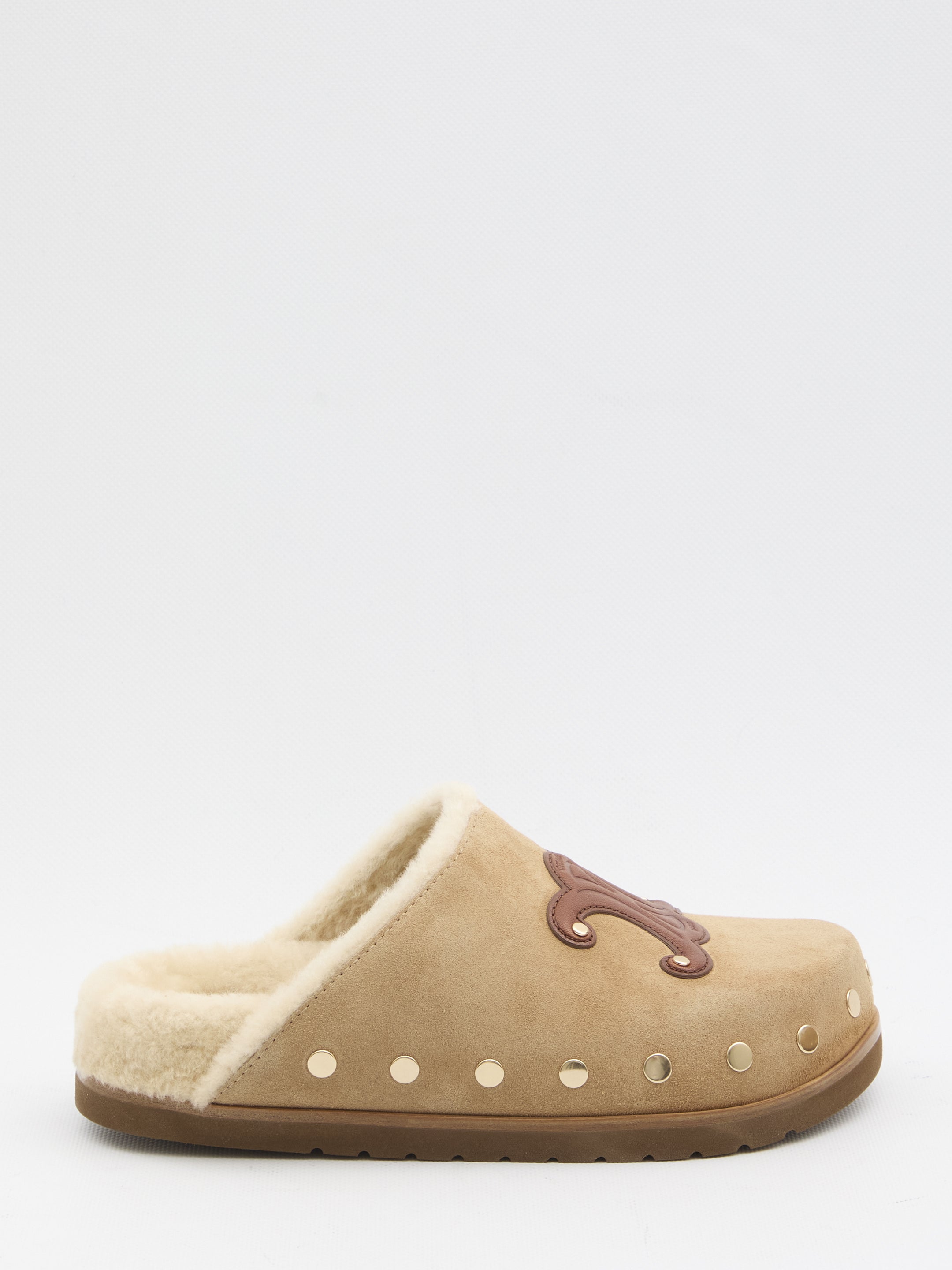Celine Beige Triomphe Wedge 15Mm Suede Leather Mules
