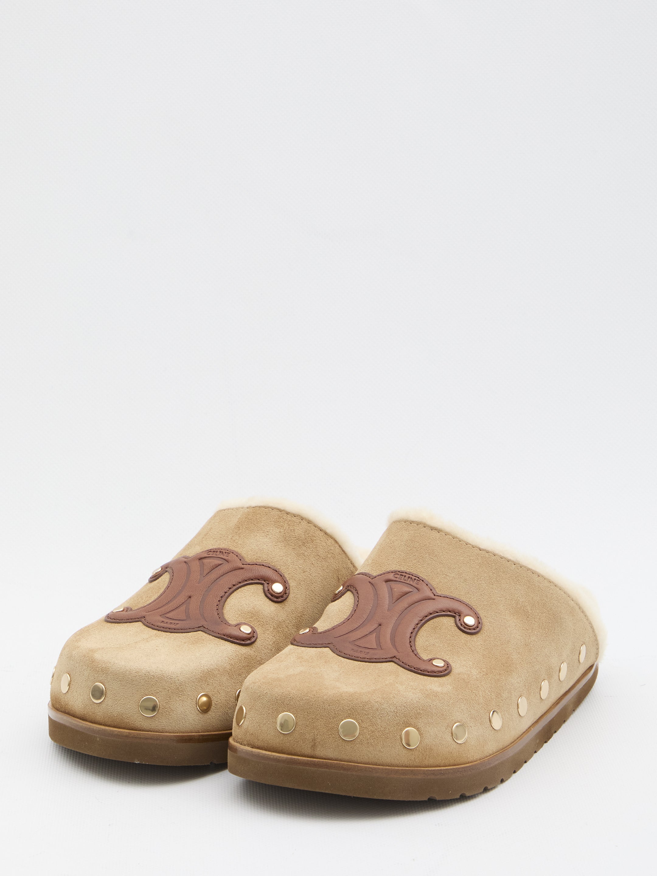 Celine Beige Triomphe Wedge 15Mm Suede Leather Mules