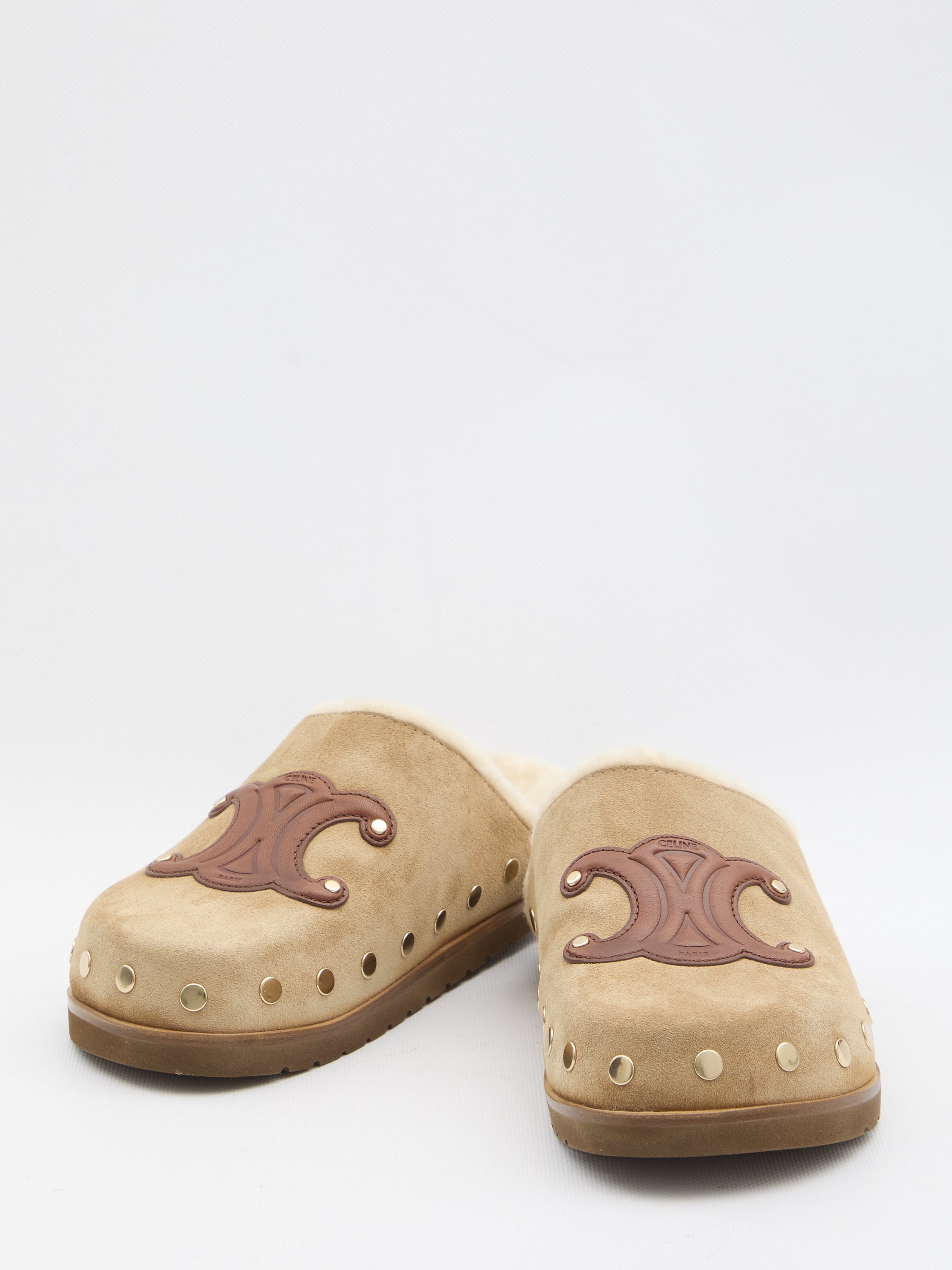 Celine Beige Triomphe Wedge 15Mm Suede Leather Mules