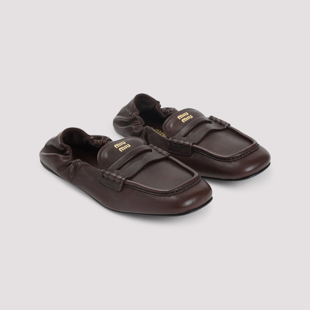 Miu Miu Dark Brown Nappa Leather Ruches Loafers