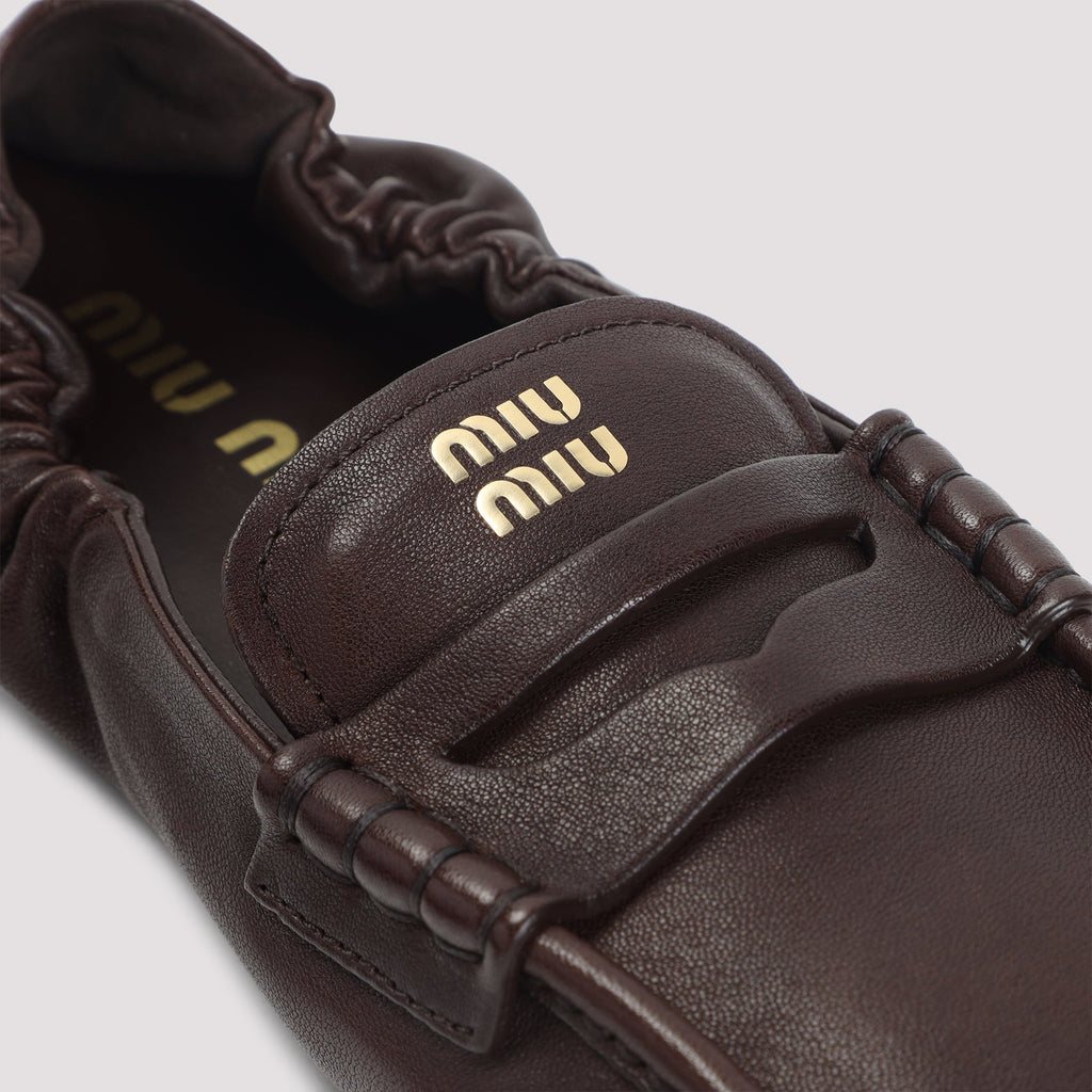 Miu Miu Dark Brown Nappa Leather Ruches Loafers