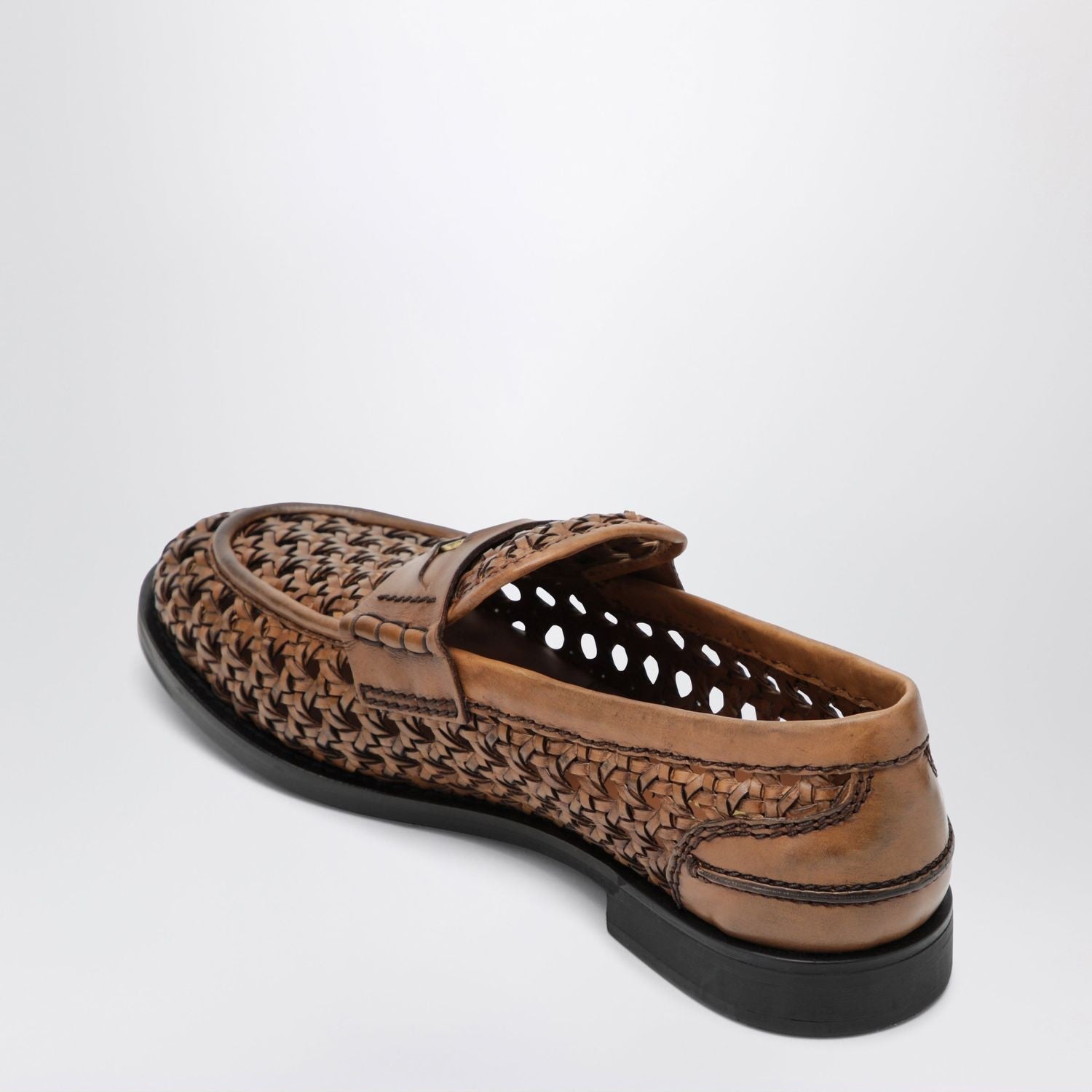 Miu Miu Cognaccolored Woven Leather Penny Loafers