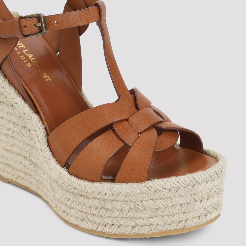 Saint Laurent Amber Brown Leather 85 Wedges Espadrilles