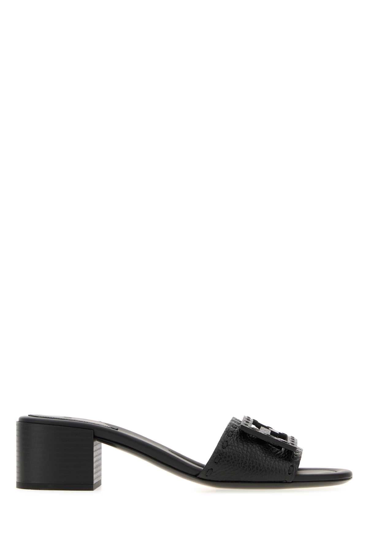 Fendi Black Leather Baguette Mules