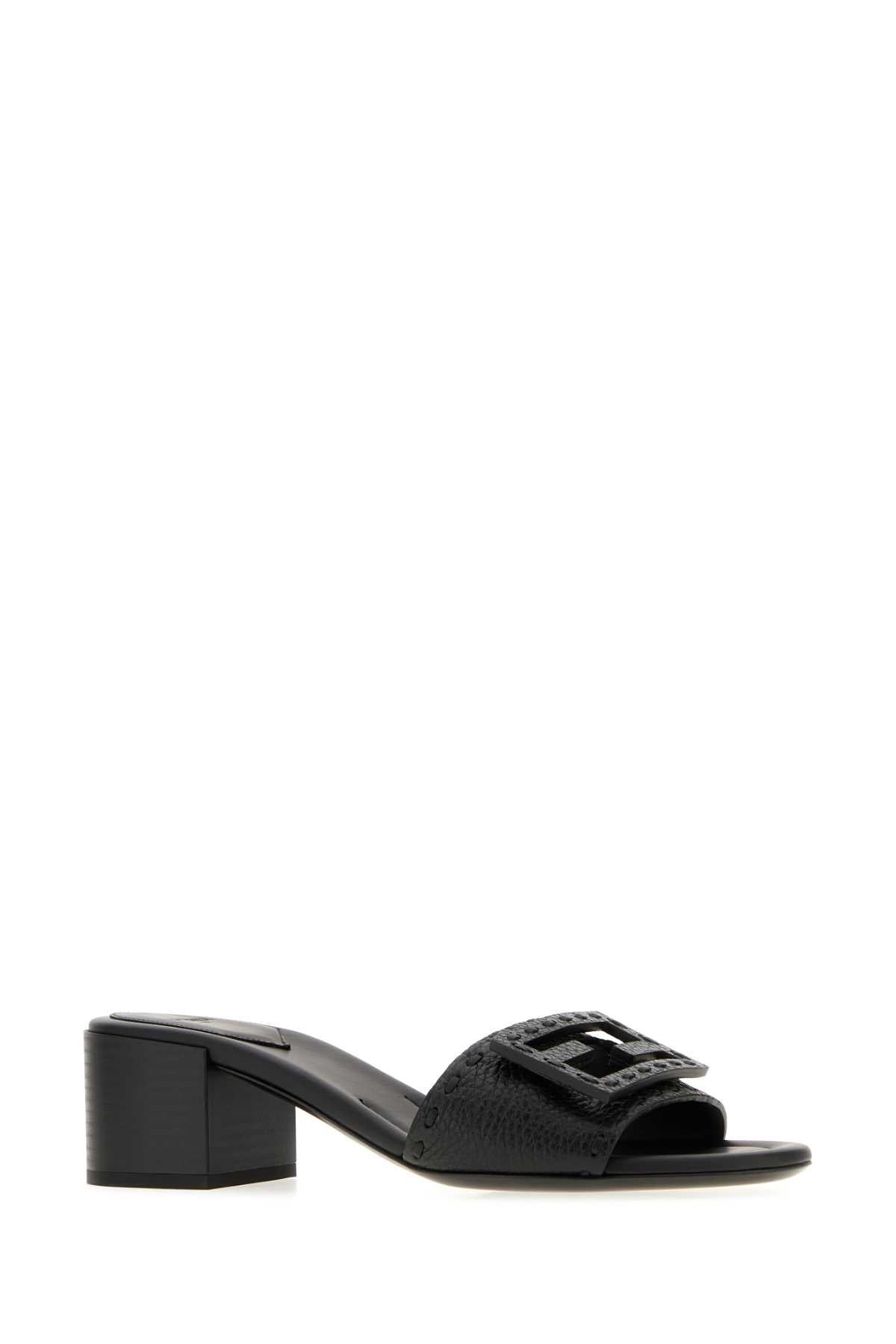 Fendi Black Leather Baguette Mules