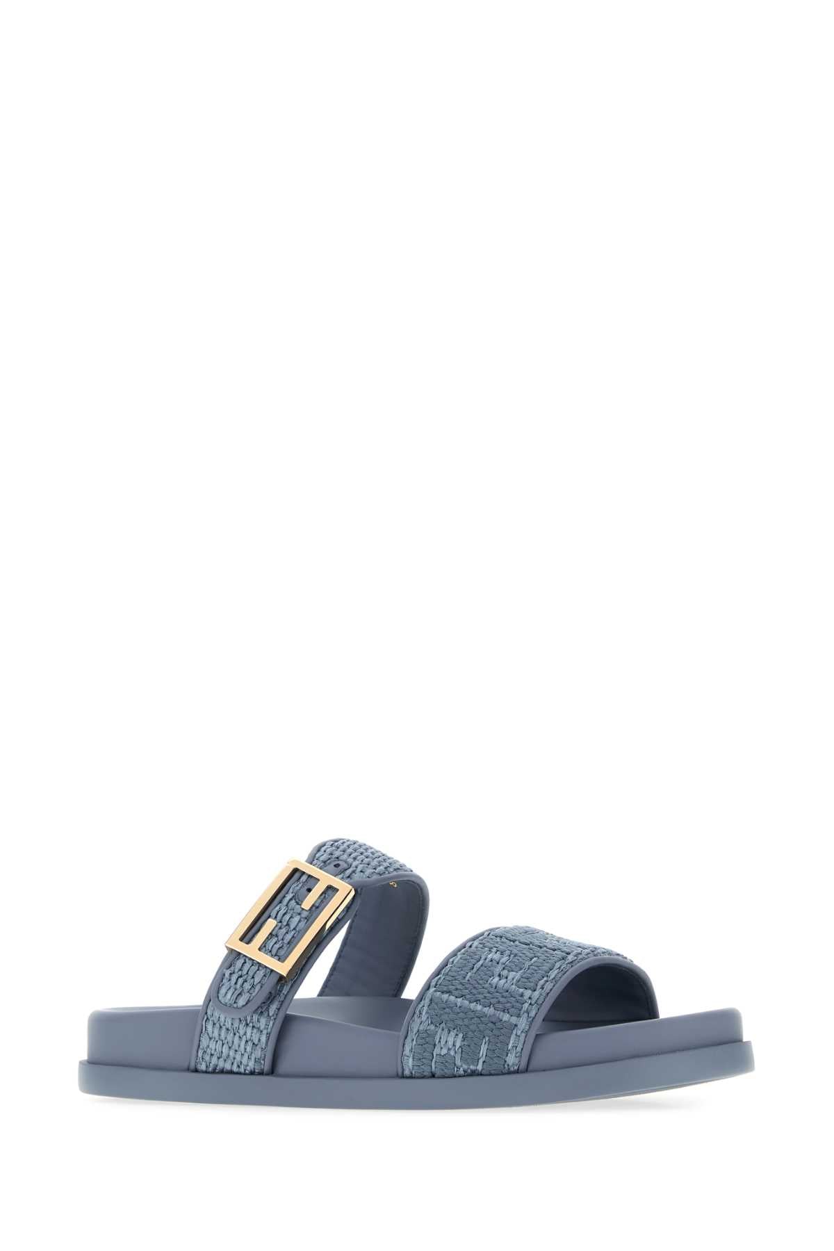 Fendi Cerulean Blue Raffia Fendi Feel Slippers