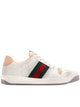 Gucci White Gucci Women's Screener Leather Sneakers Featuring An Aged Effect, Iconic Web Stripe, And Rubber Soles