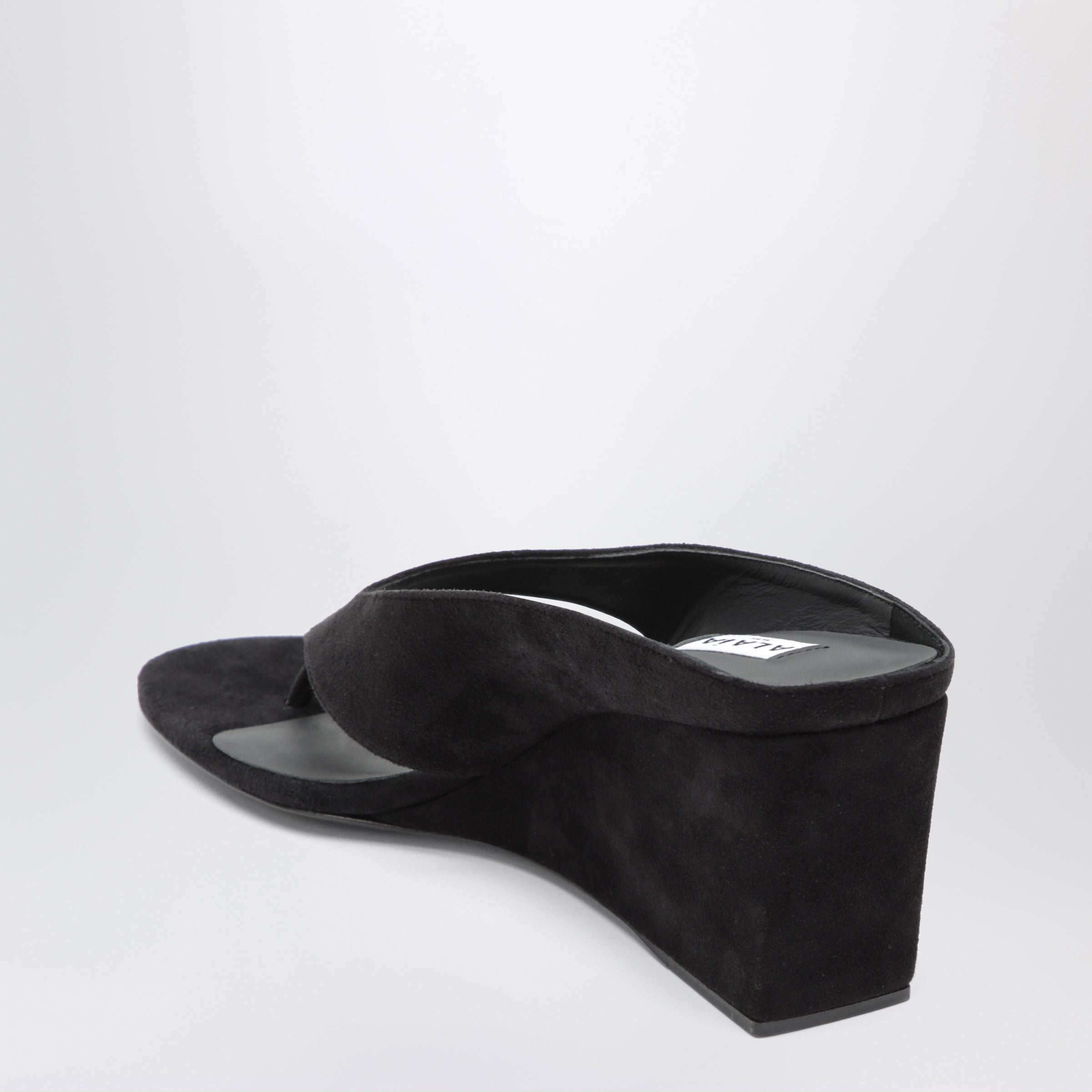 Alaia Black Suede Goat Leather Wedge Thong Mules