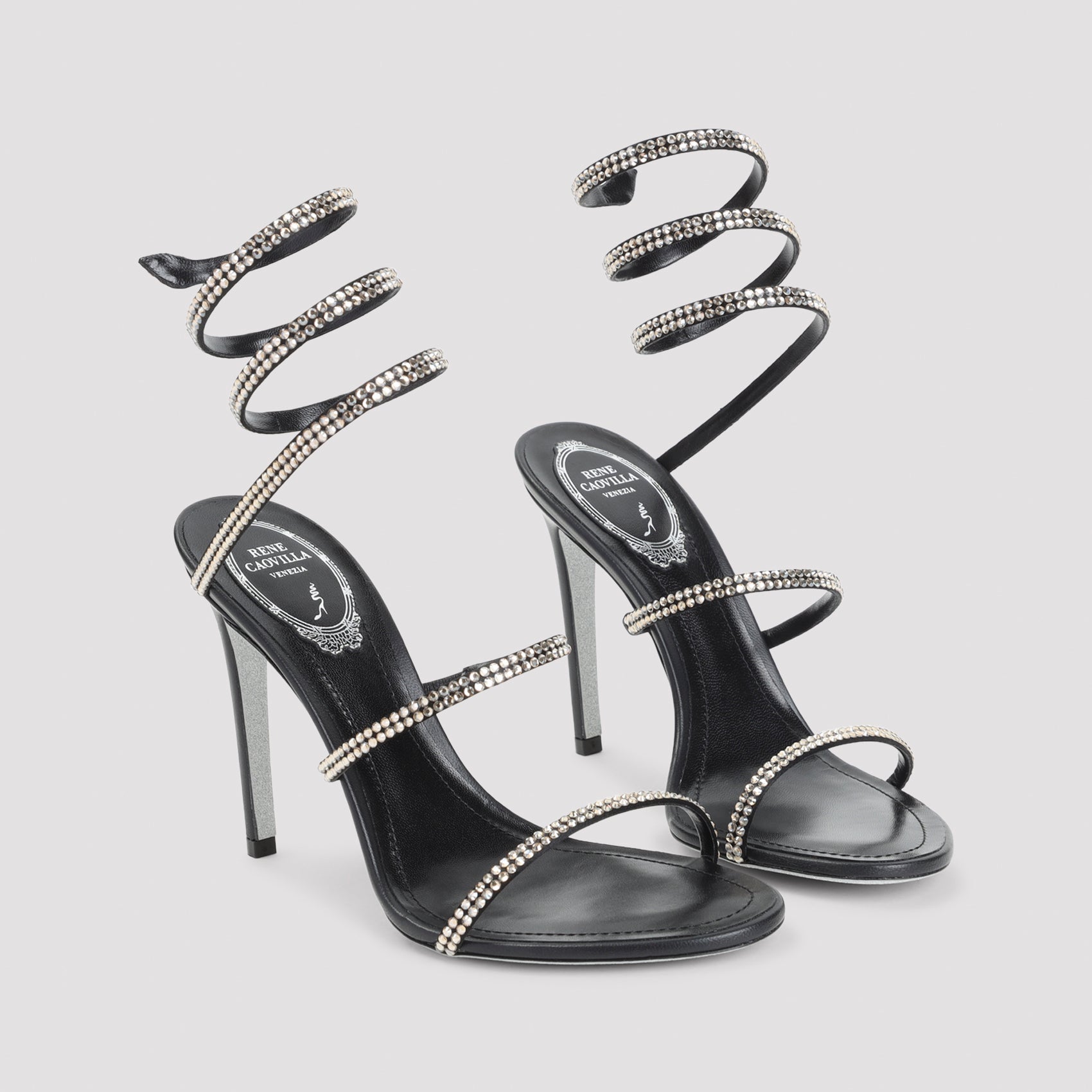 Rene Caovilla Black Leather Snake Sandal