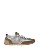 Brunello Cucinelli Silver And Light Brown Brunello Cucinelli Laminated Leather And Suede Runners Featuring A Rubber Sole
