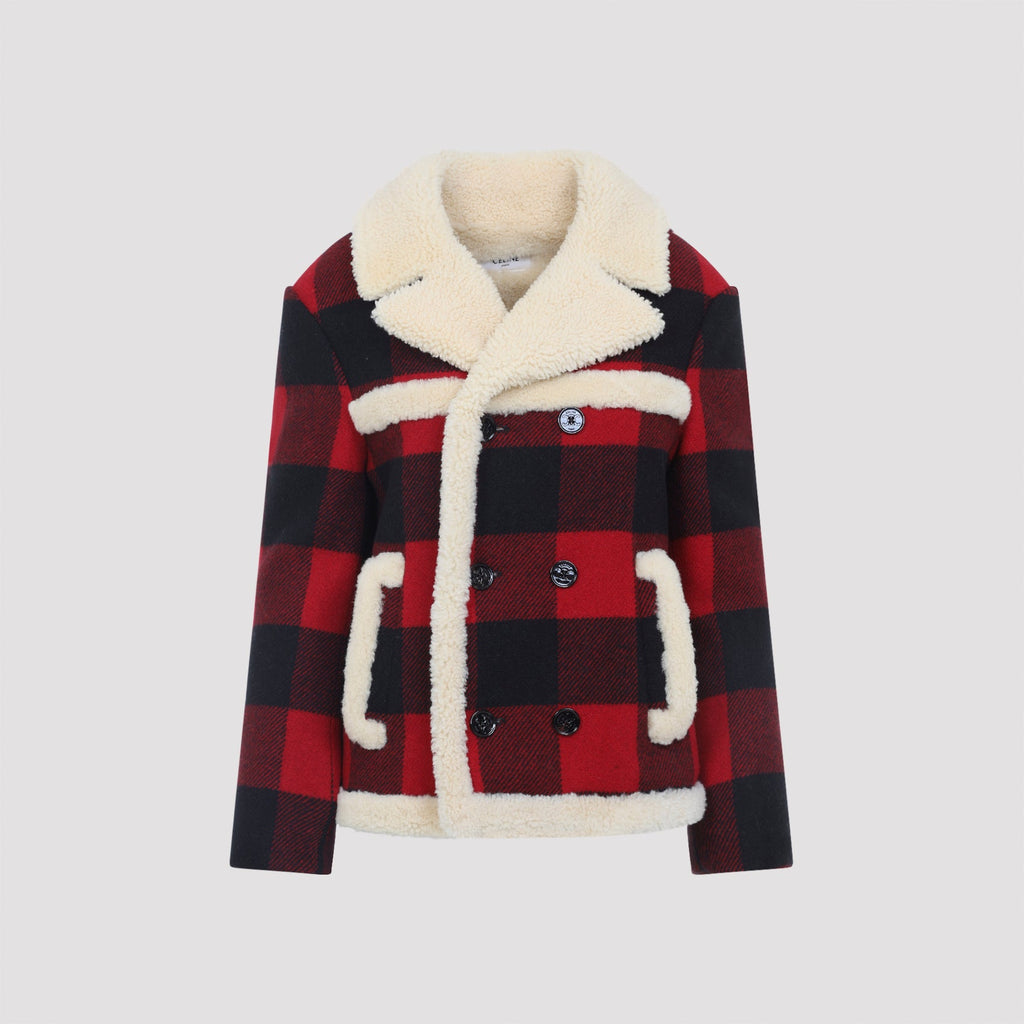 Celine Red And Black Caban Shearling Wool Jacket