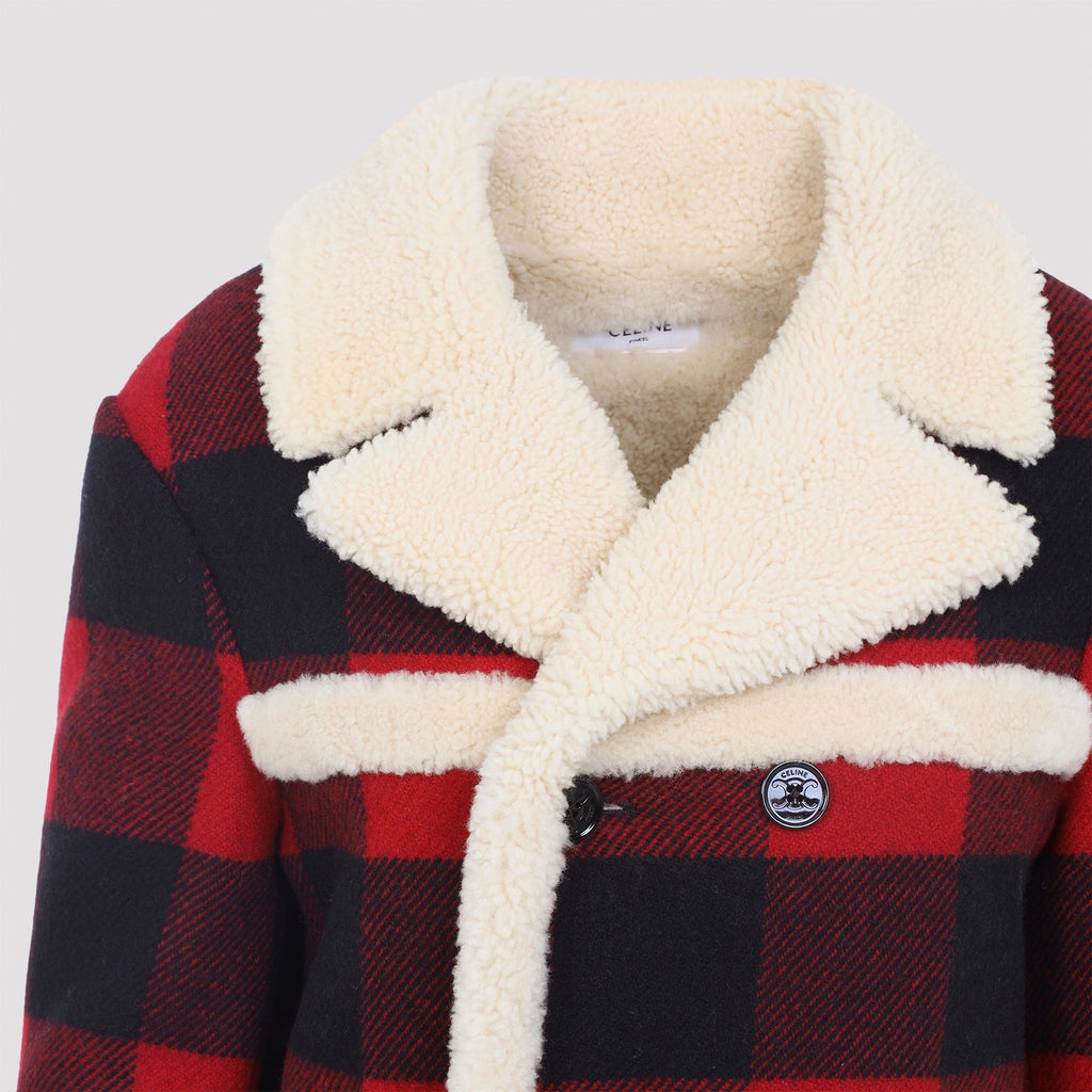 Celine Red And Black Caban Shearling Wool Jacket
