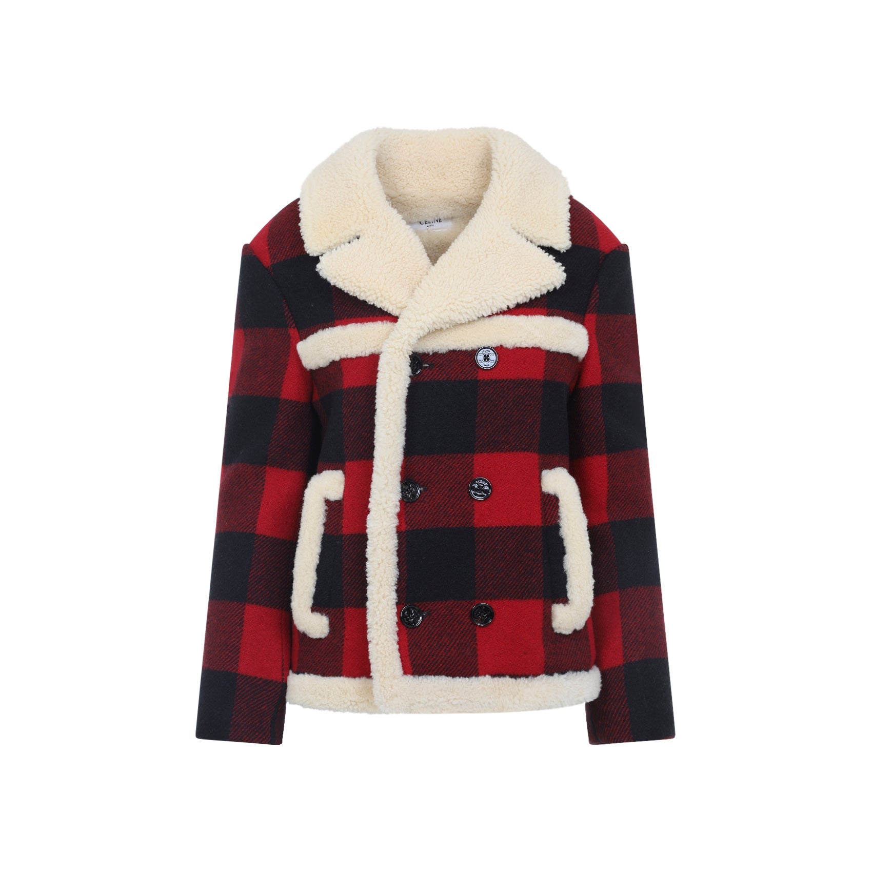 Celine Red And Black Caban Shearling Wool Jacket