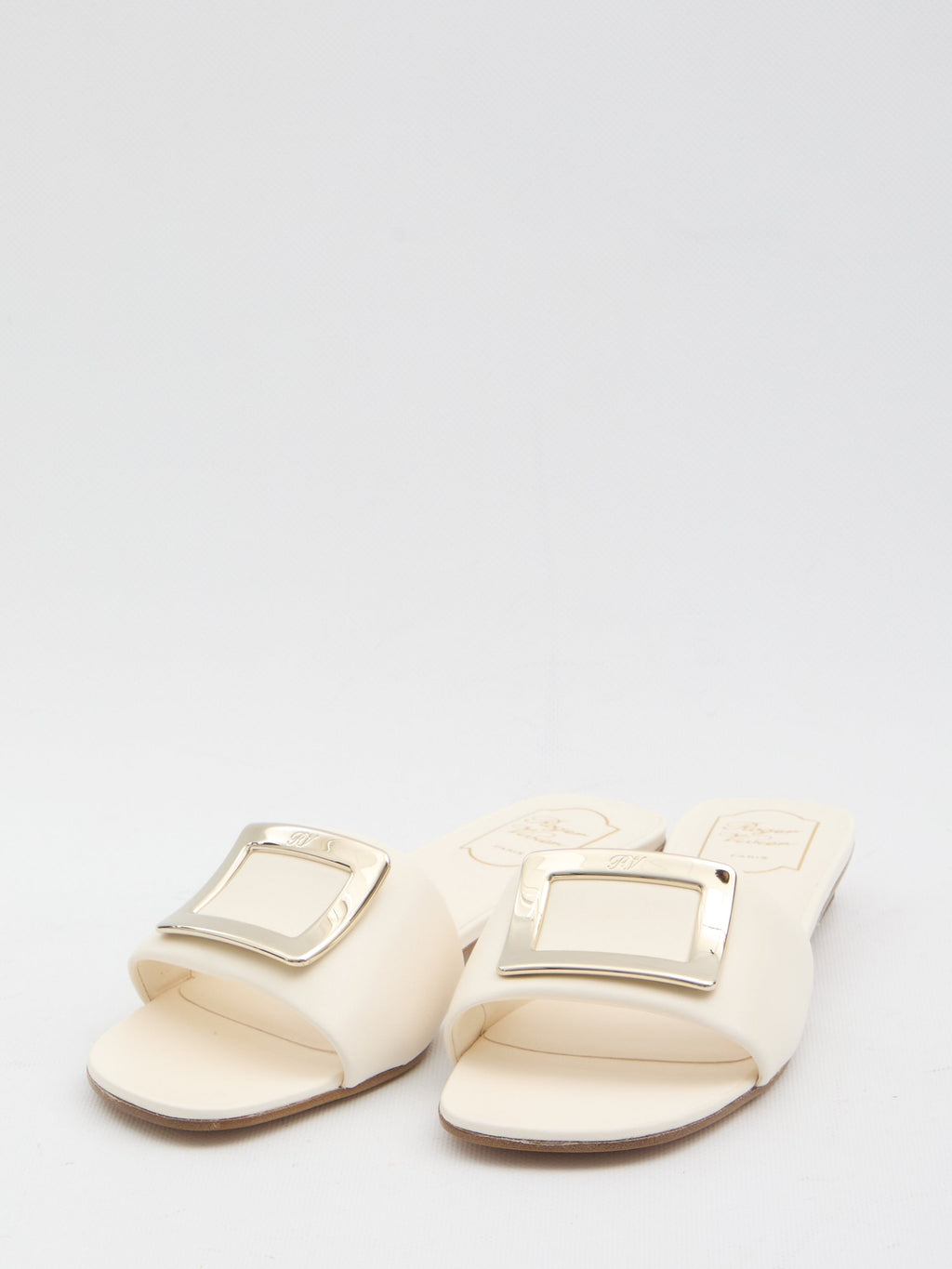 Roger Vivier Square Buckle Leather Slides White