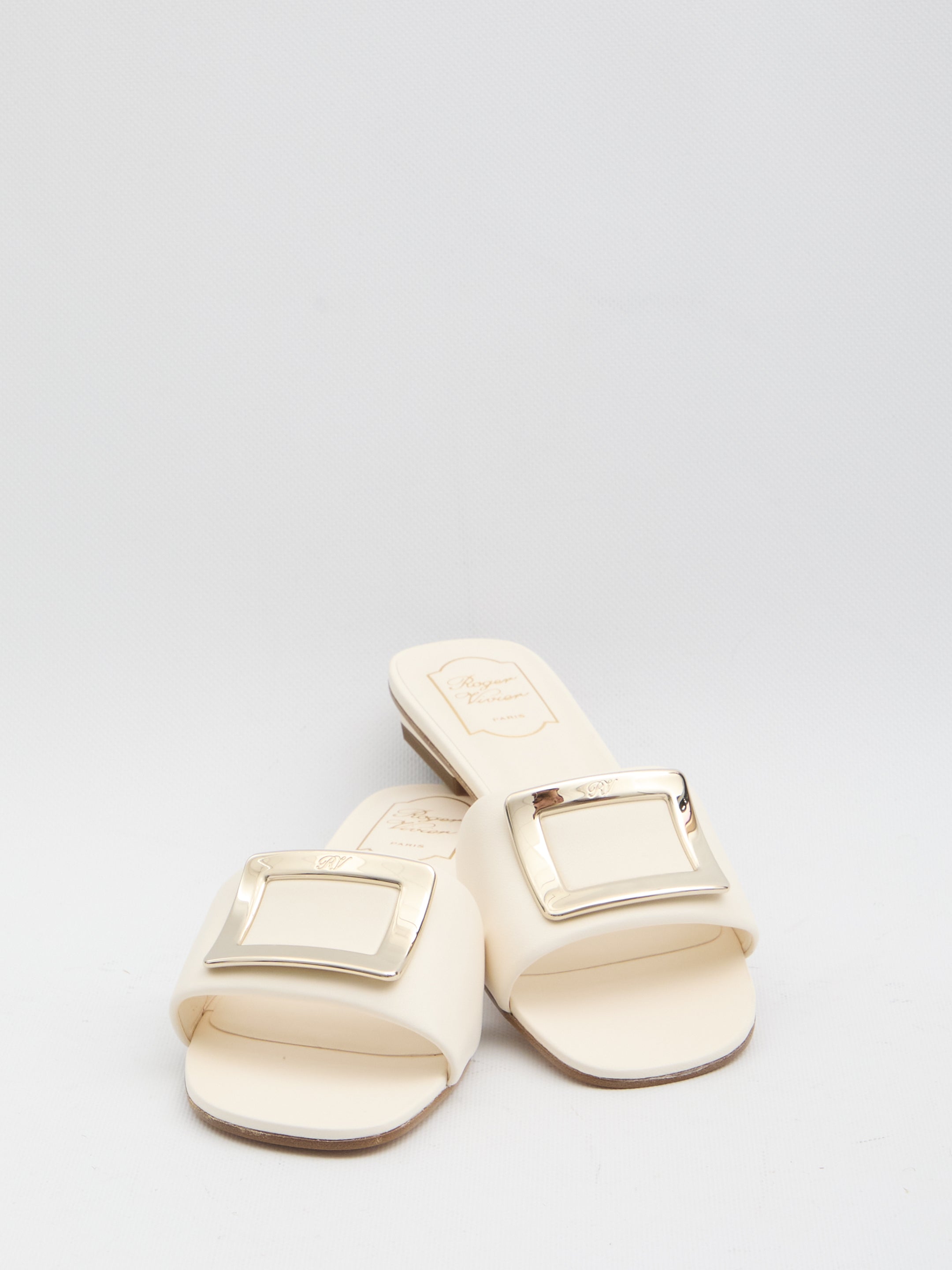 Roger Vivier Square Buckle Leather Slides White