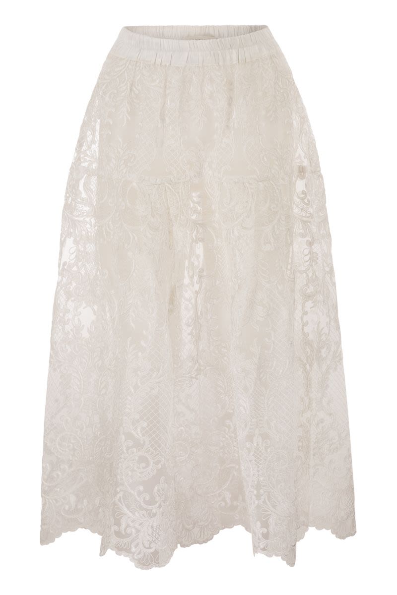 Maurizio Mykonos Embroidered Lace Midi Skirt With Elasticated Waist