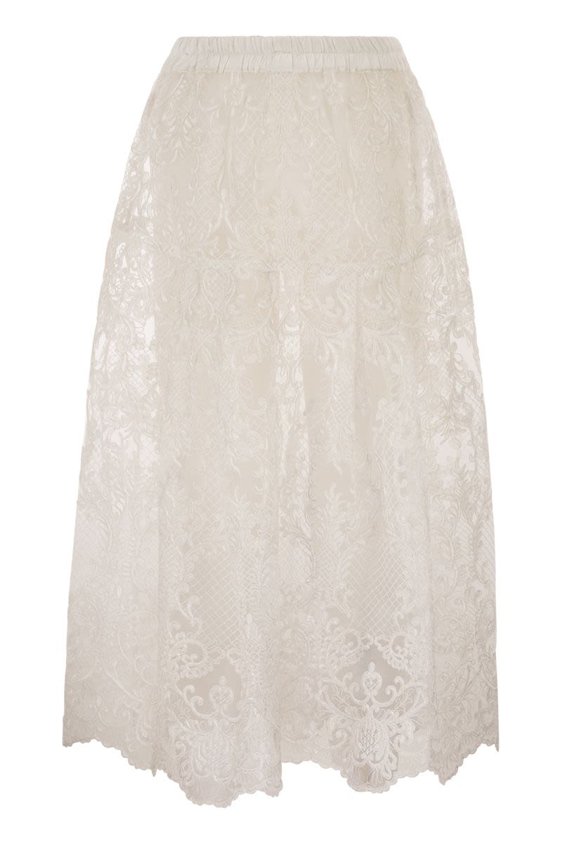 Maurizio Mykonos Embroidered Lace Midi Skirt With Elasticated Waist