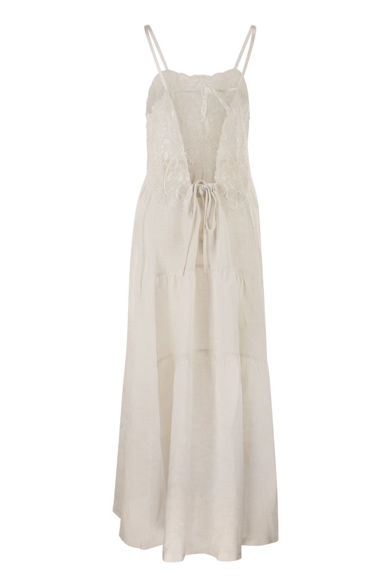 Maurizio Mykonos Long Linen Dress With Embroidered Bodice And Slim