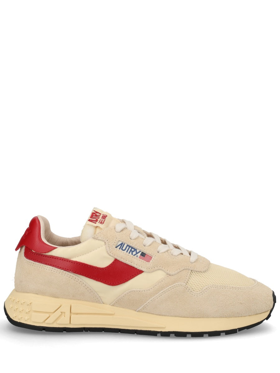 Autry Reelwind Low Sneakers In Nylon And Suede Ecru/Red