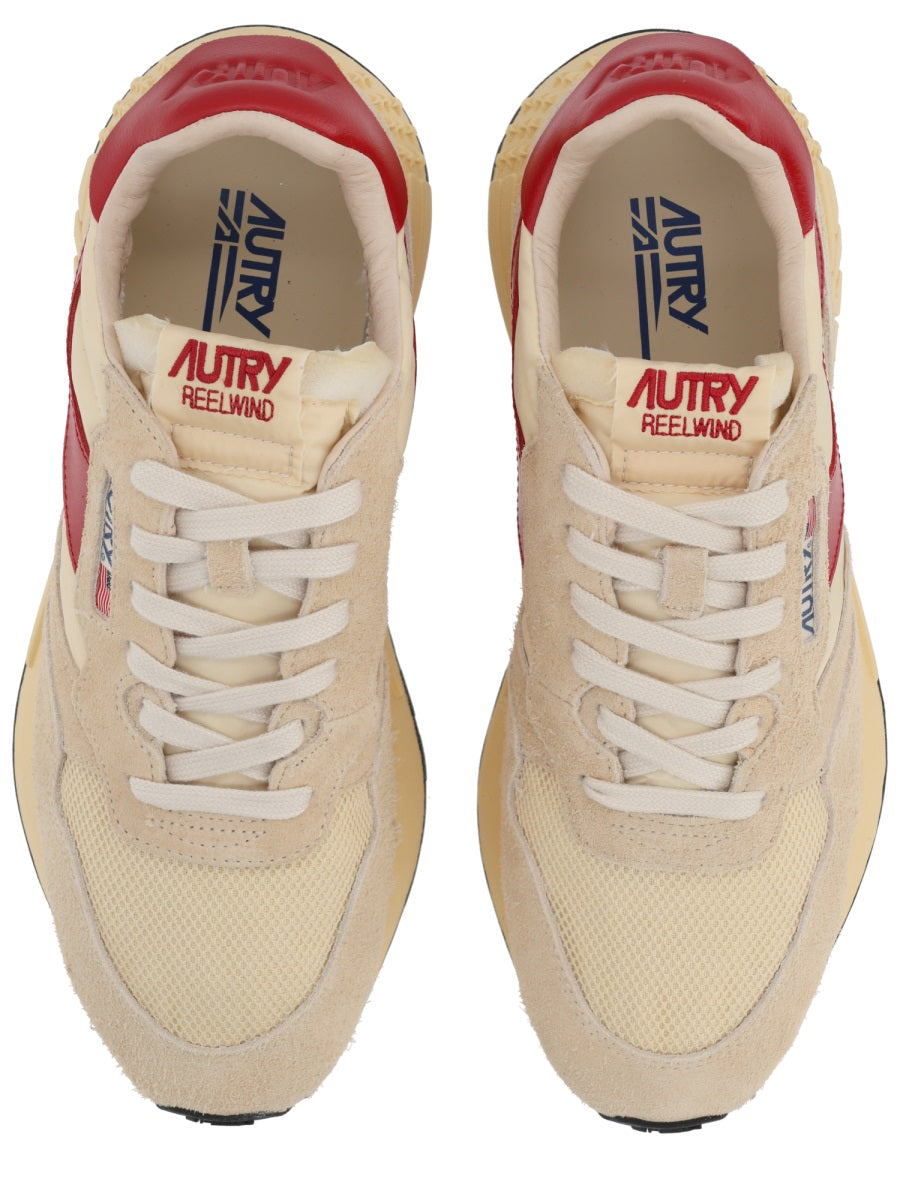 Autry Reelwind Low Sneakers In Nylon And Suede Ecru/Red