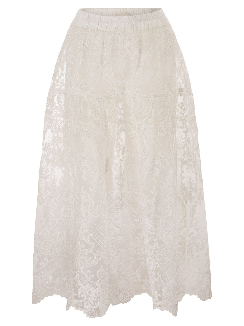 Maurizio Mykonos Embroidered Lace Midi Skirt With Elasticated Waist