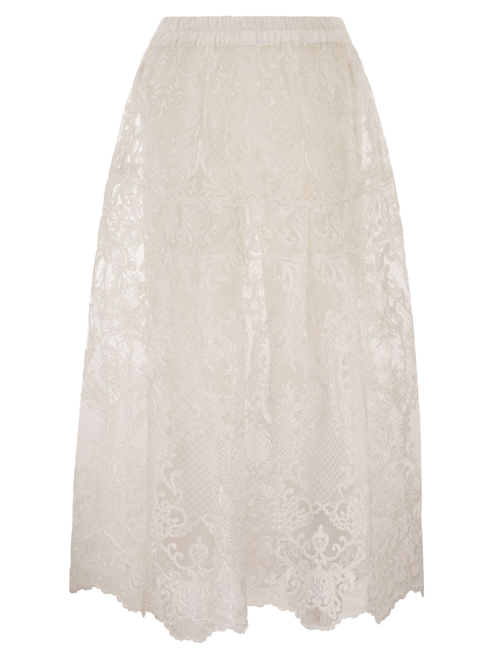 Maurizio Mykonos Embroidered Lace Midi Skirt With Elasticated Waist
