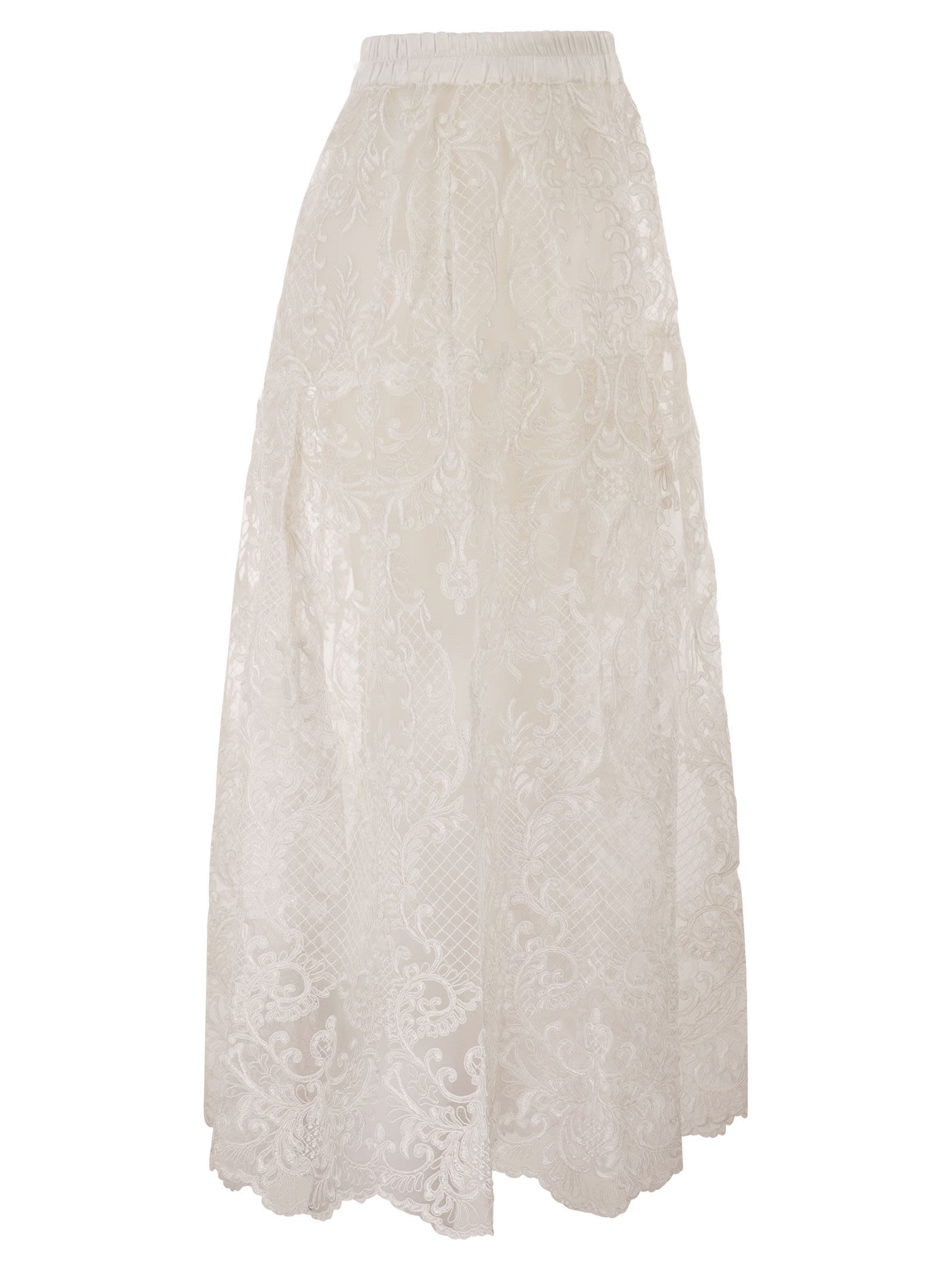 Maurizio Mykonos Embroidered Lace Midi Skirt With Elasticated Waist