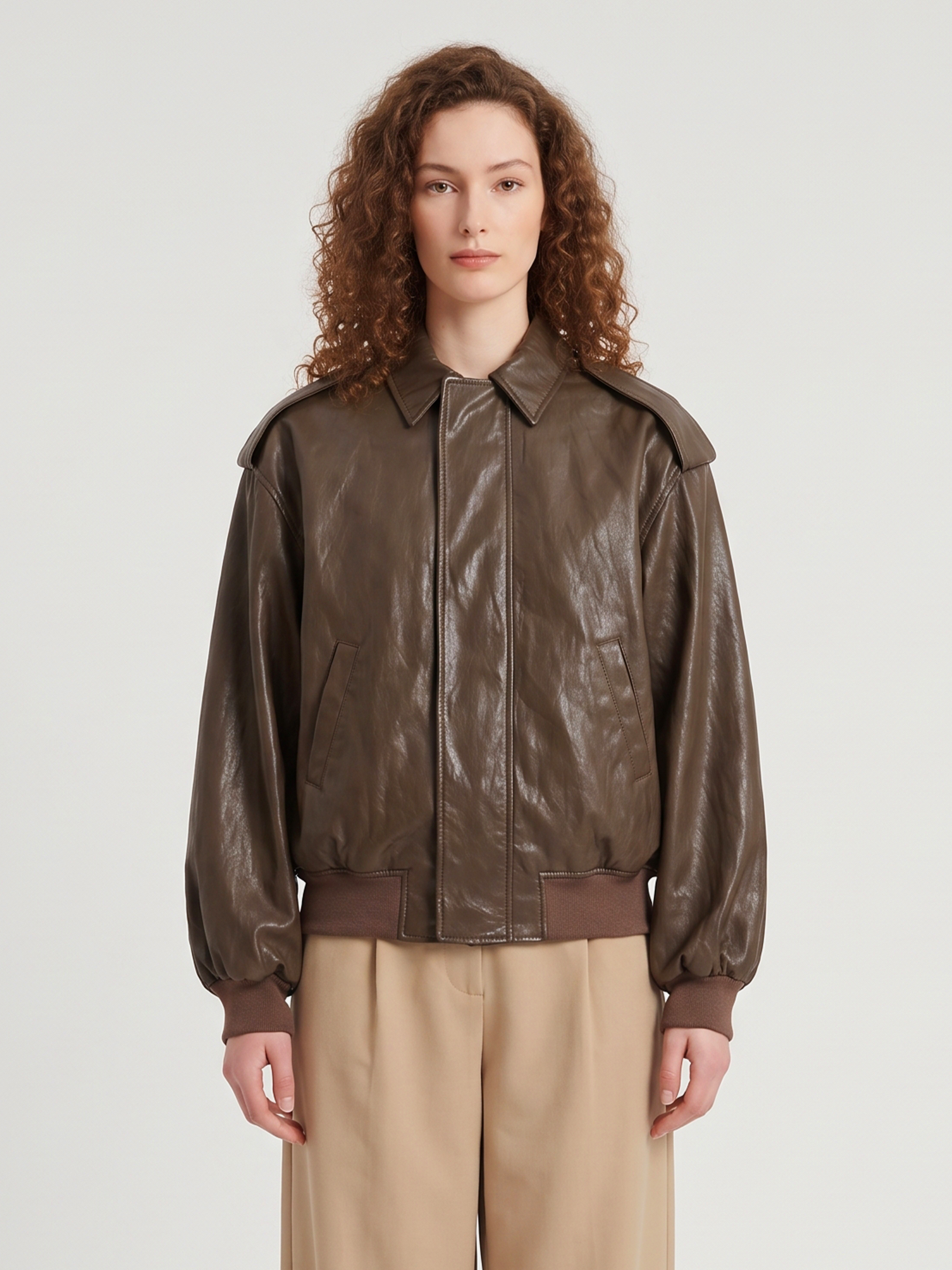 Sutton New York Brown Laminated Faux Leather Bomber Jack