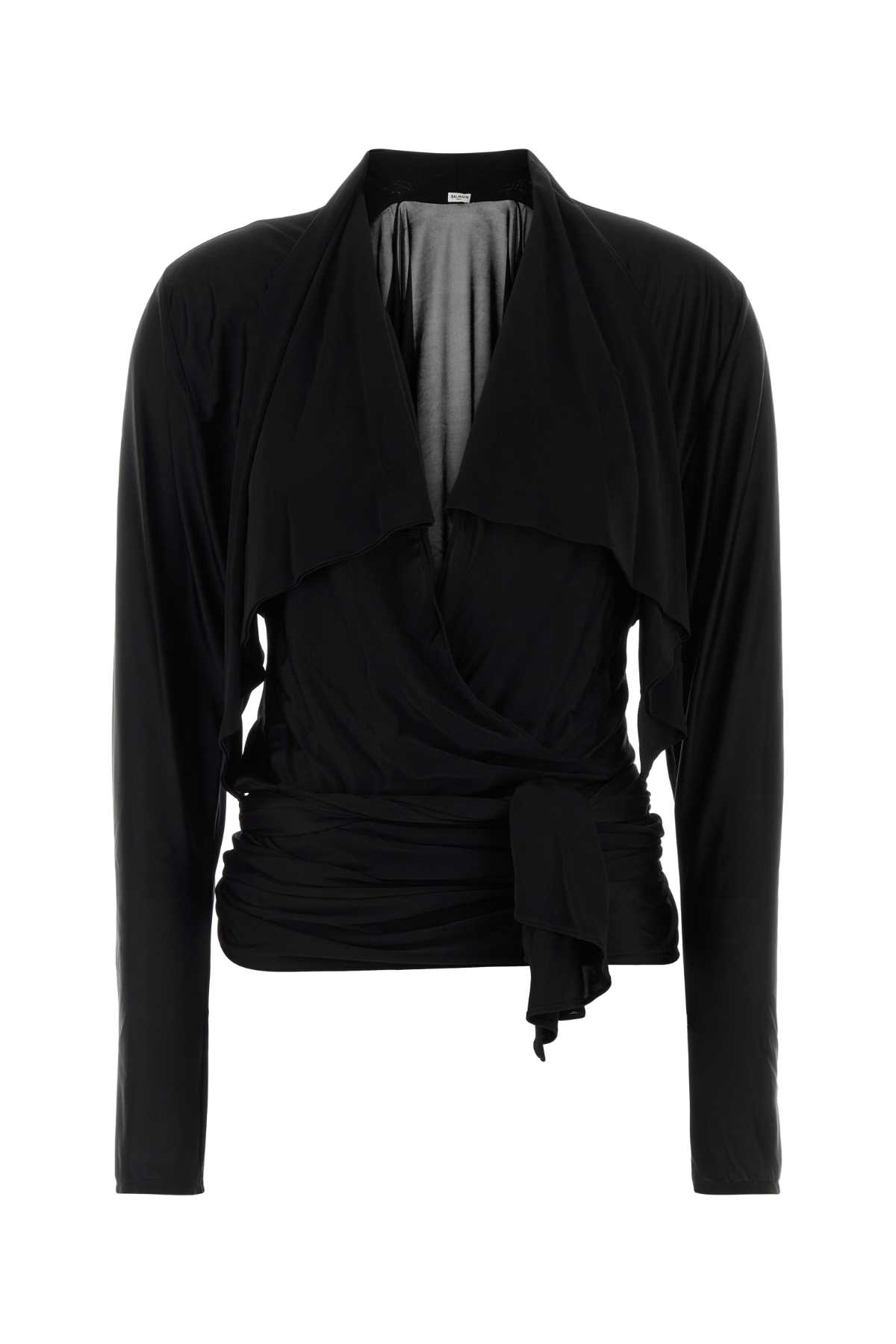 Balmain Ls Open Neck Draped Viscose Jersey Top