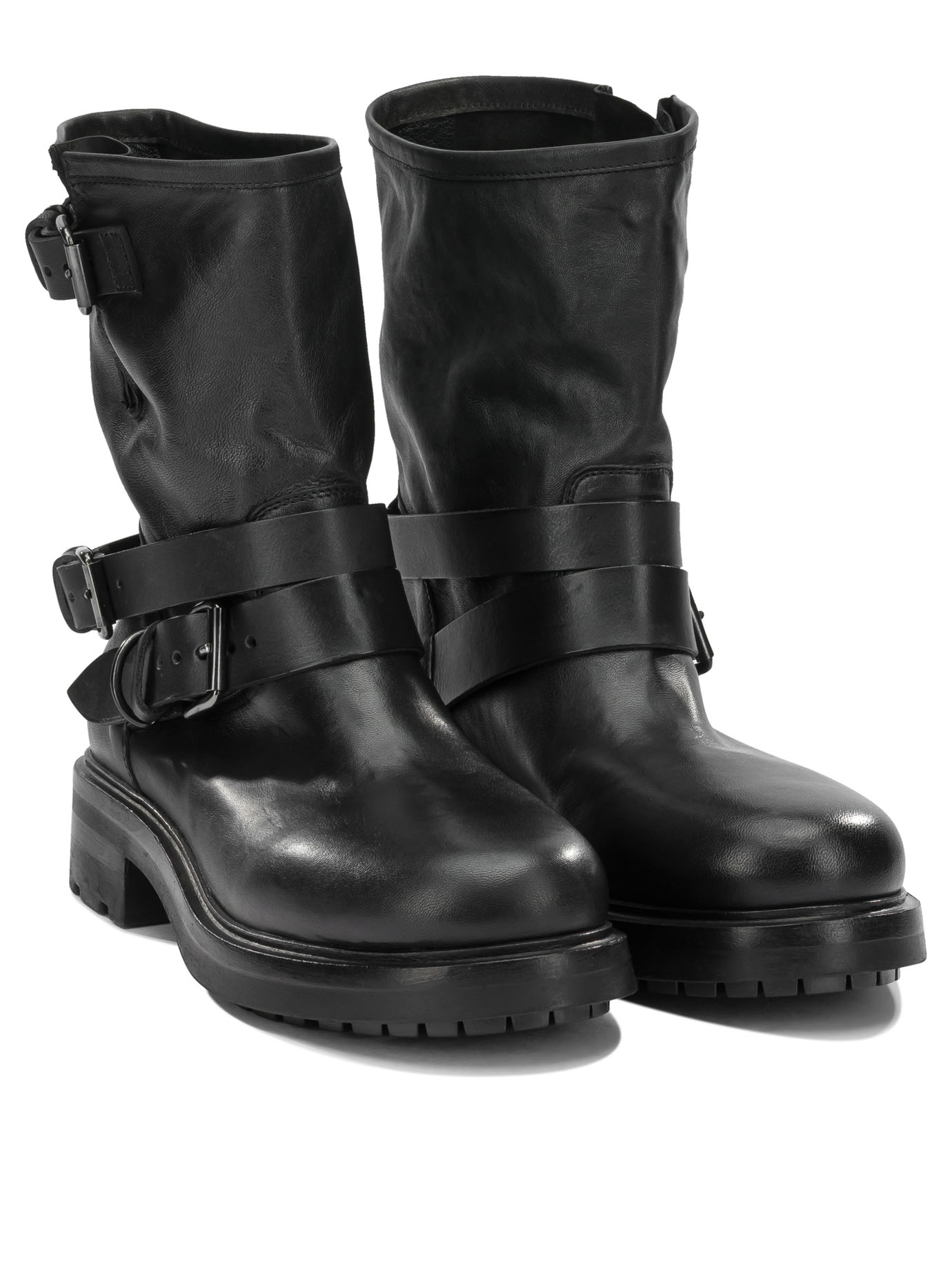 Strategia Black Leather Rubber Boots Ankle