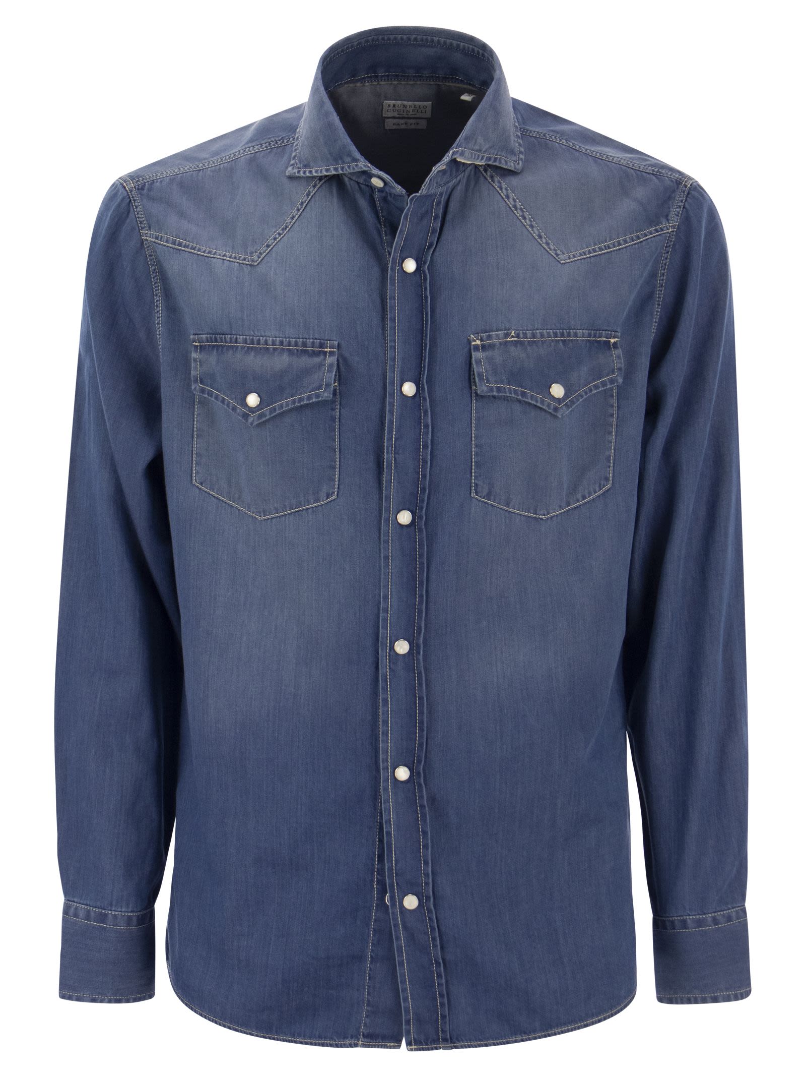 Brunello Cucinelli Easy Fit Shirt In Light Denim With Press