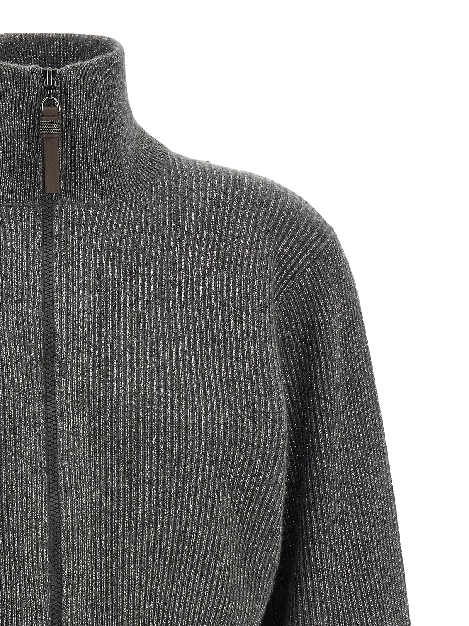 Brunello Cucinelli Ribbed Cardigan With Leather Detail
