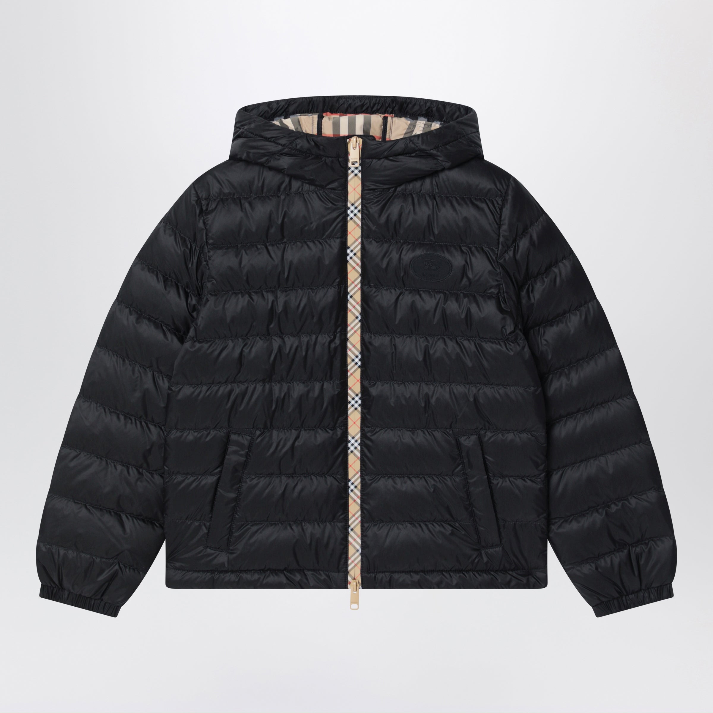 Burberry Black Nylon Down Jacket With Check Detai