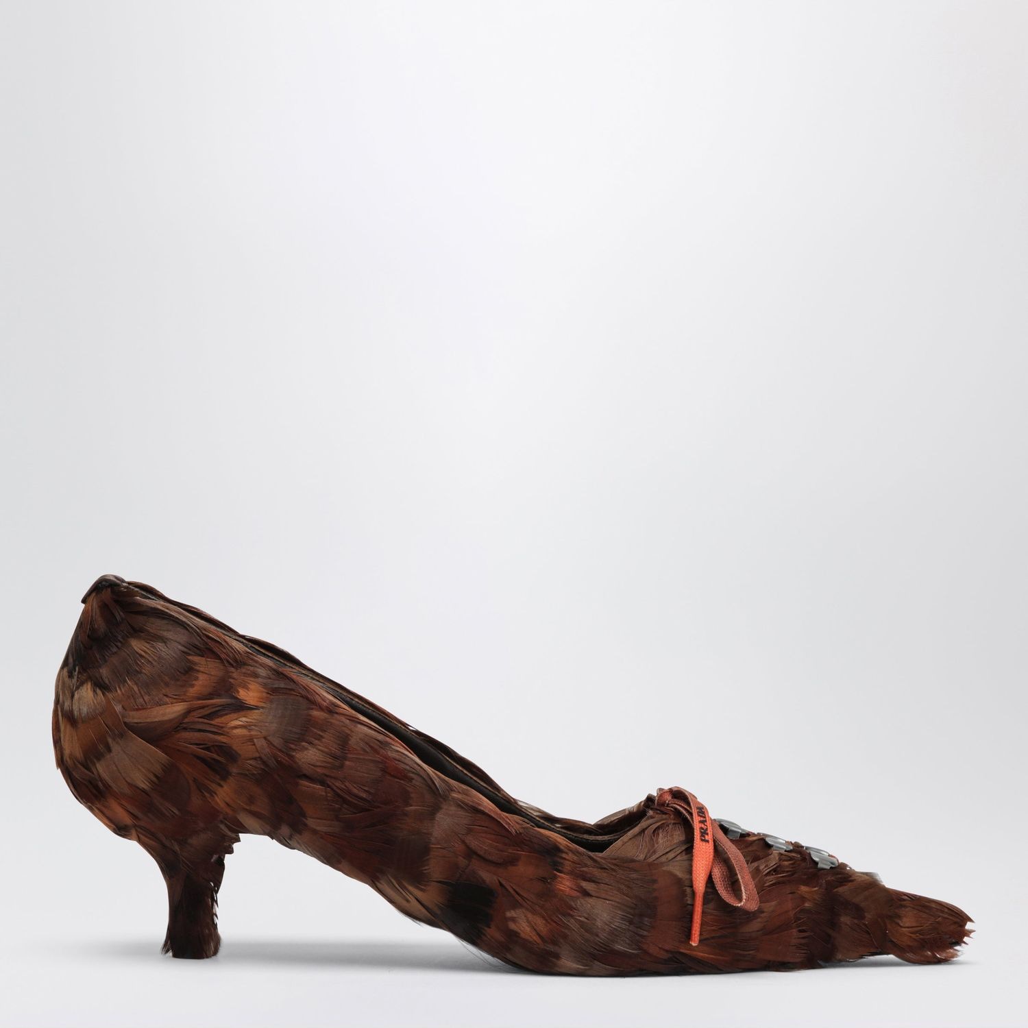 Prada Coffee Satin Pumps Decorated With Feathe