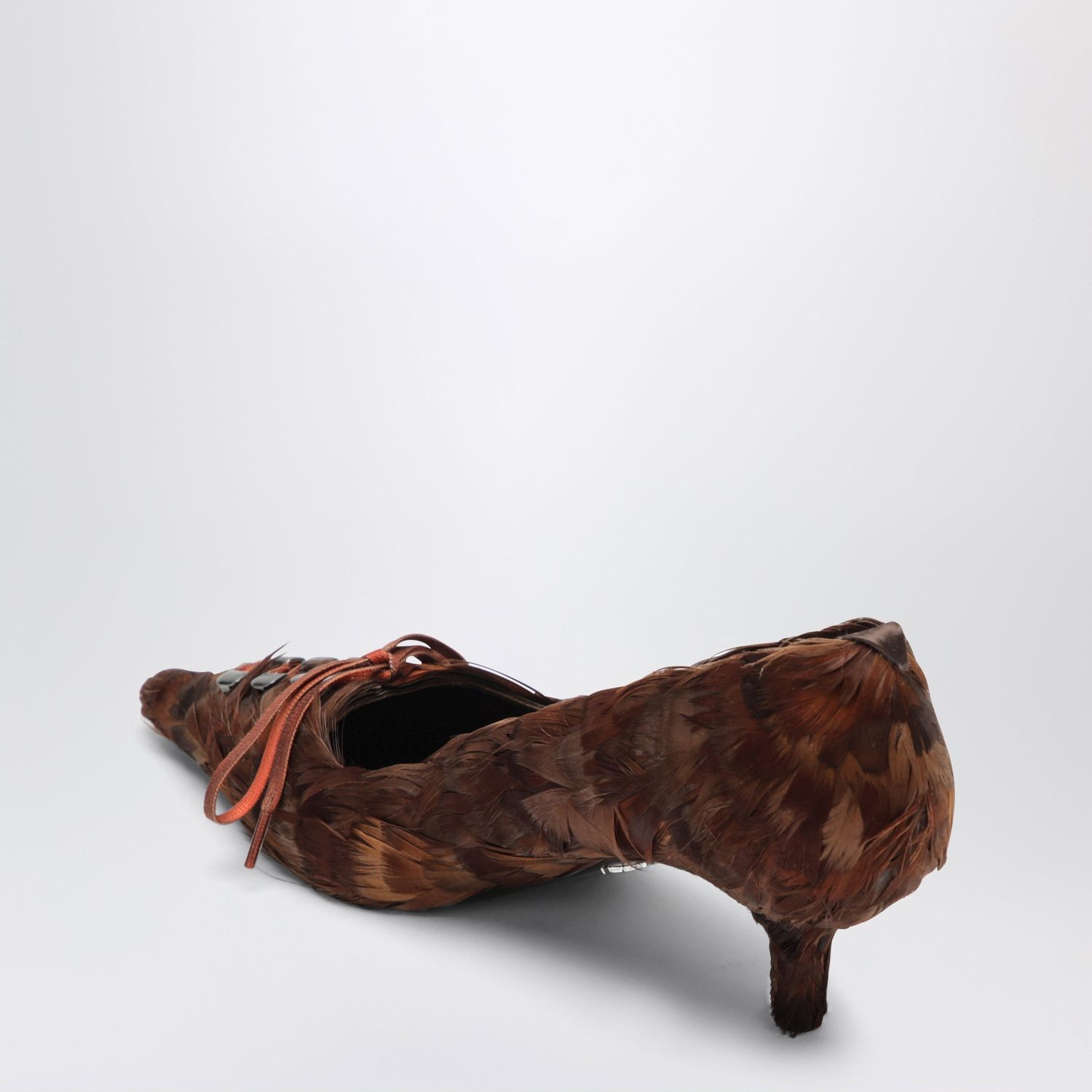 Prada Coffee Satin Pumps Decorated With Feathe