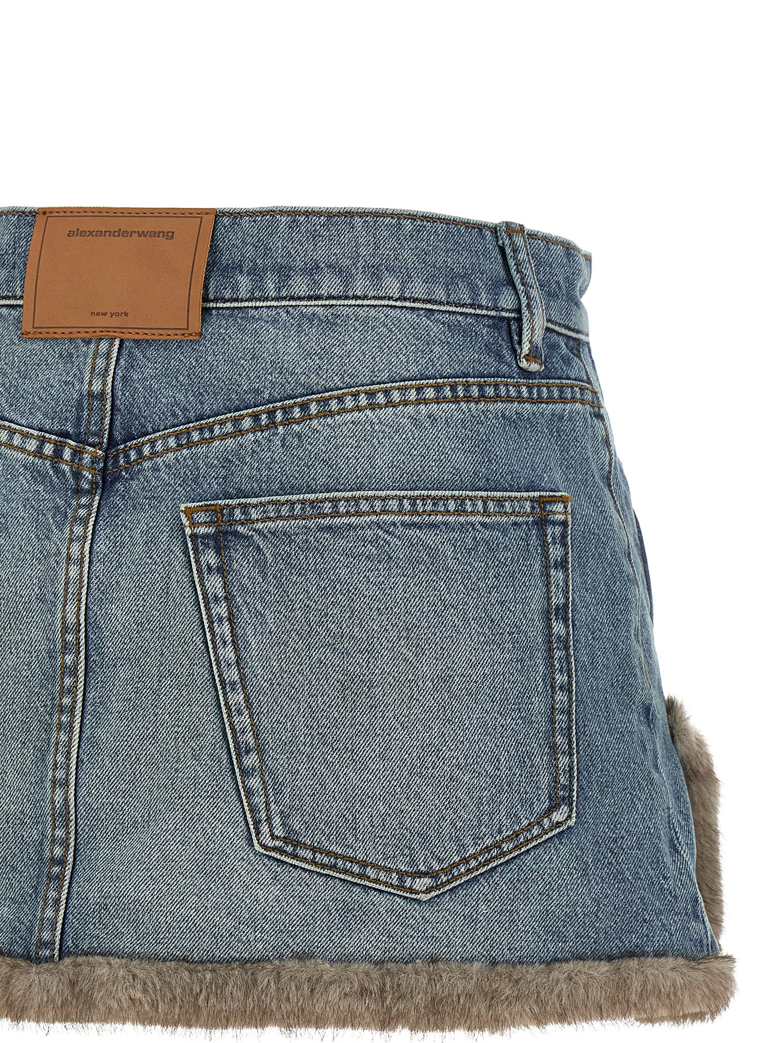 Denim x Alexander WANG Denim Skirt With Fur Hem