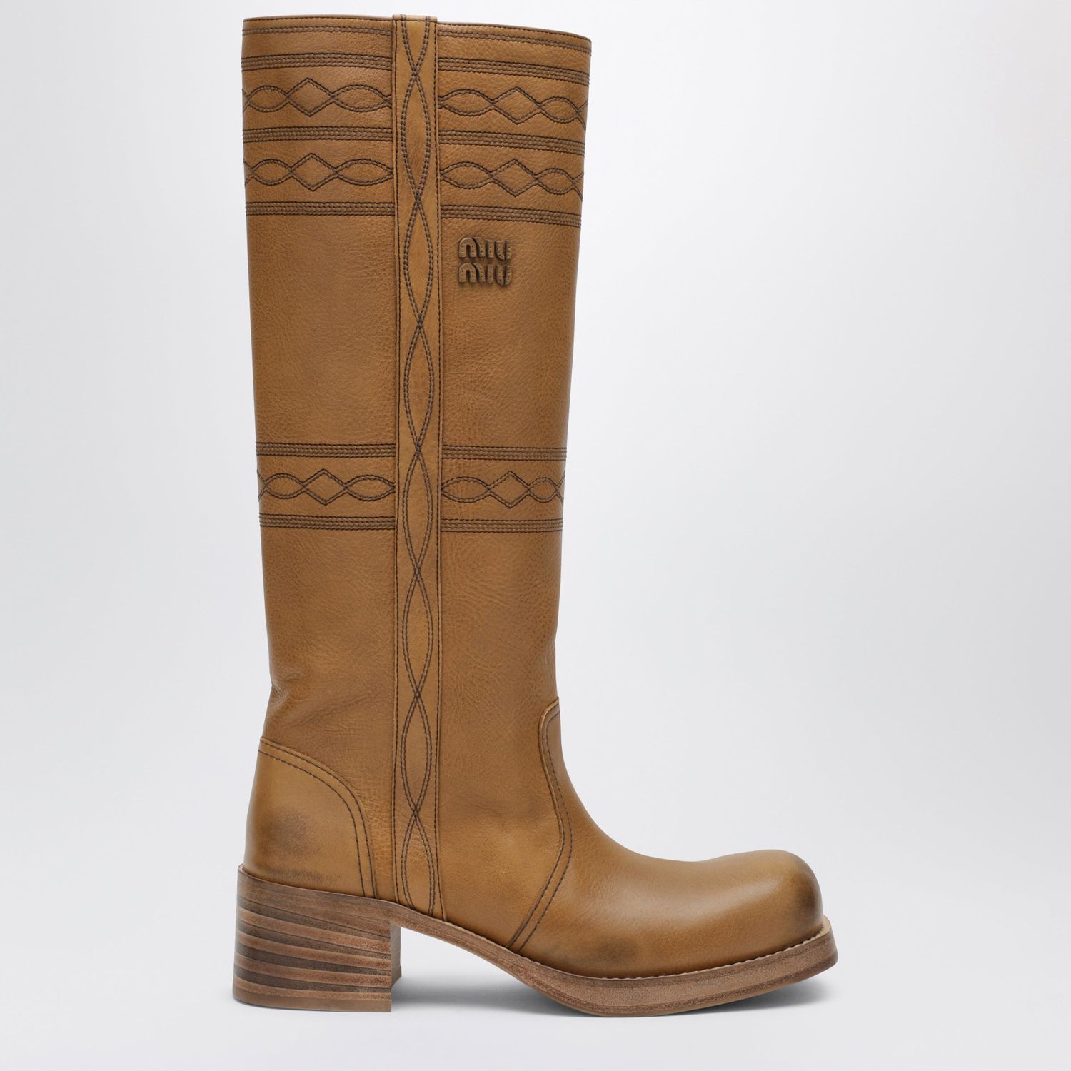 Miu Miu Embroidered Leather Boots In Cuoio