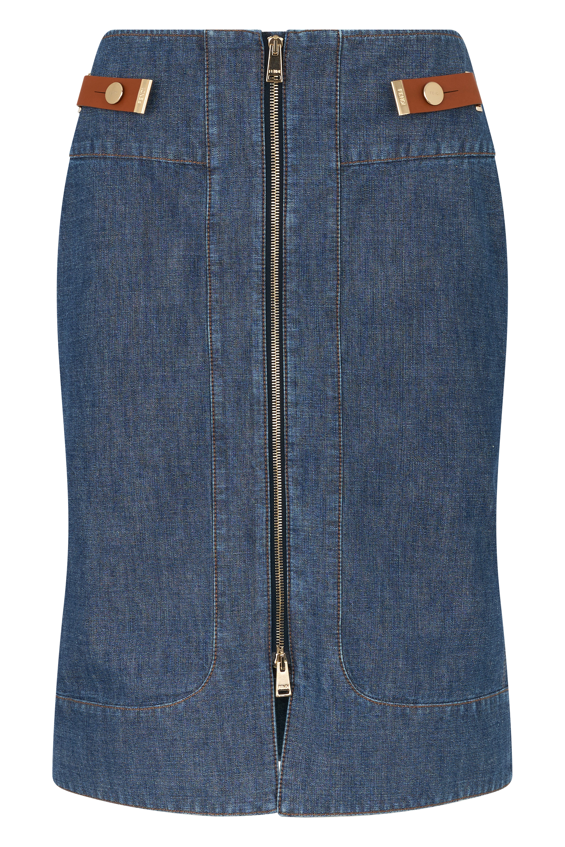 Fendi Falda Chambray Midi Denim Zip Det Cuero