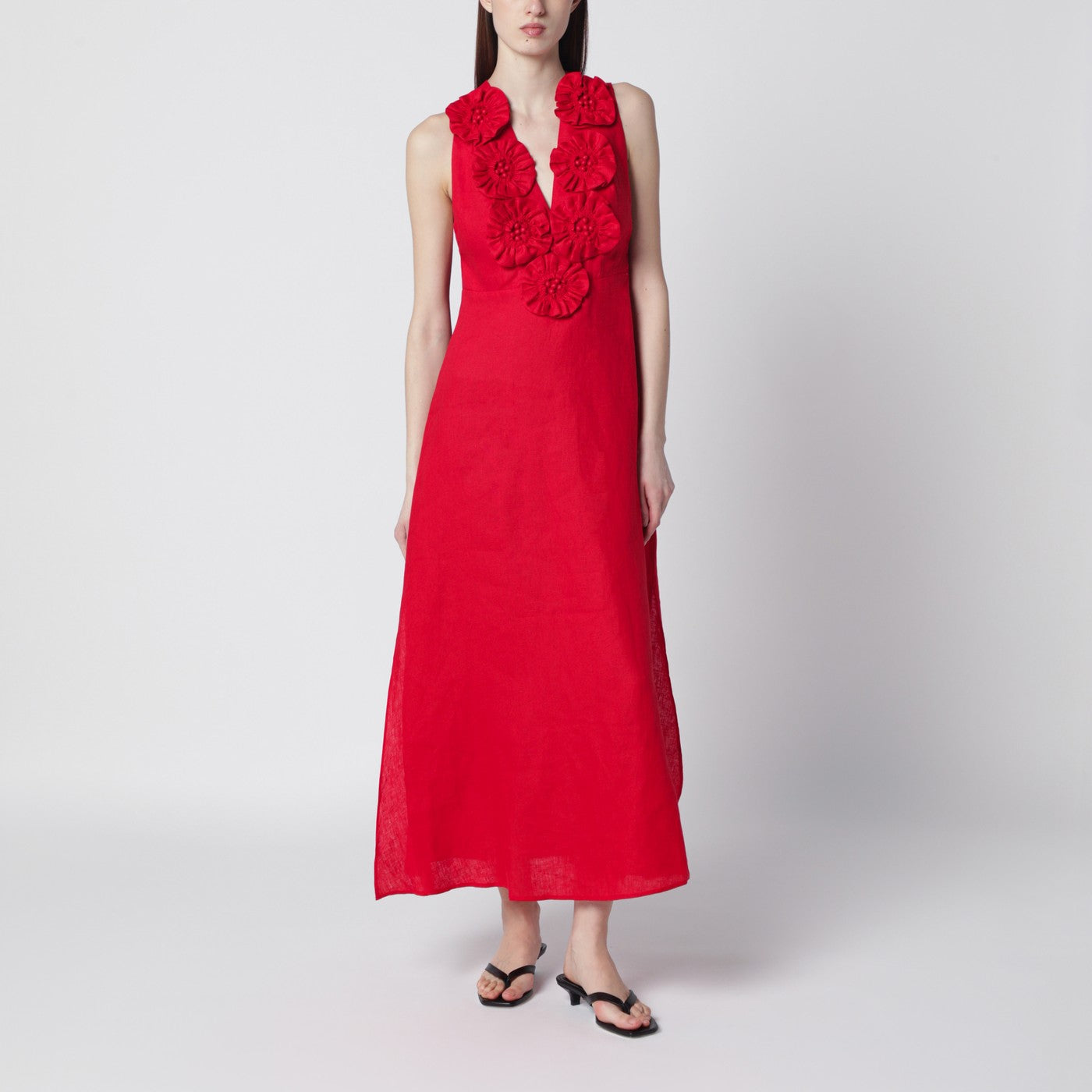 Farm rio Red Linen Dress With Floral Appliqués