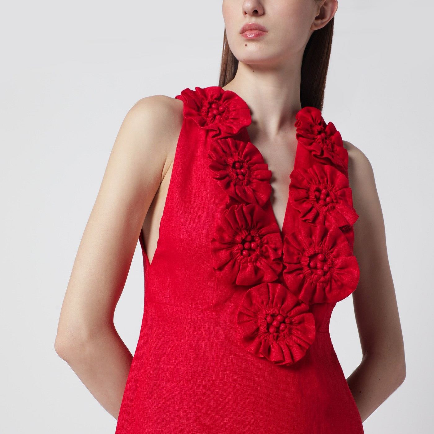 Farm rio Red Linen Dress With Floral Appliqués