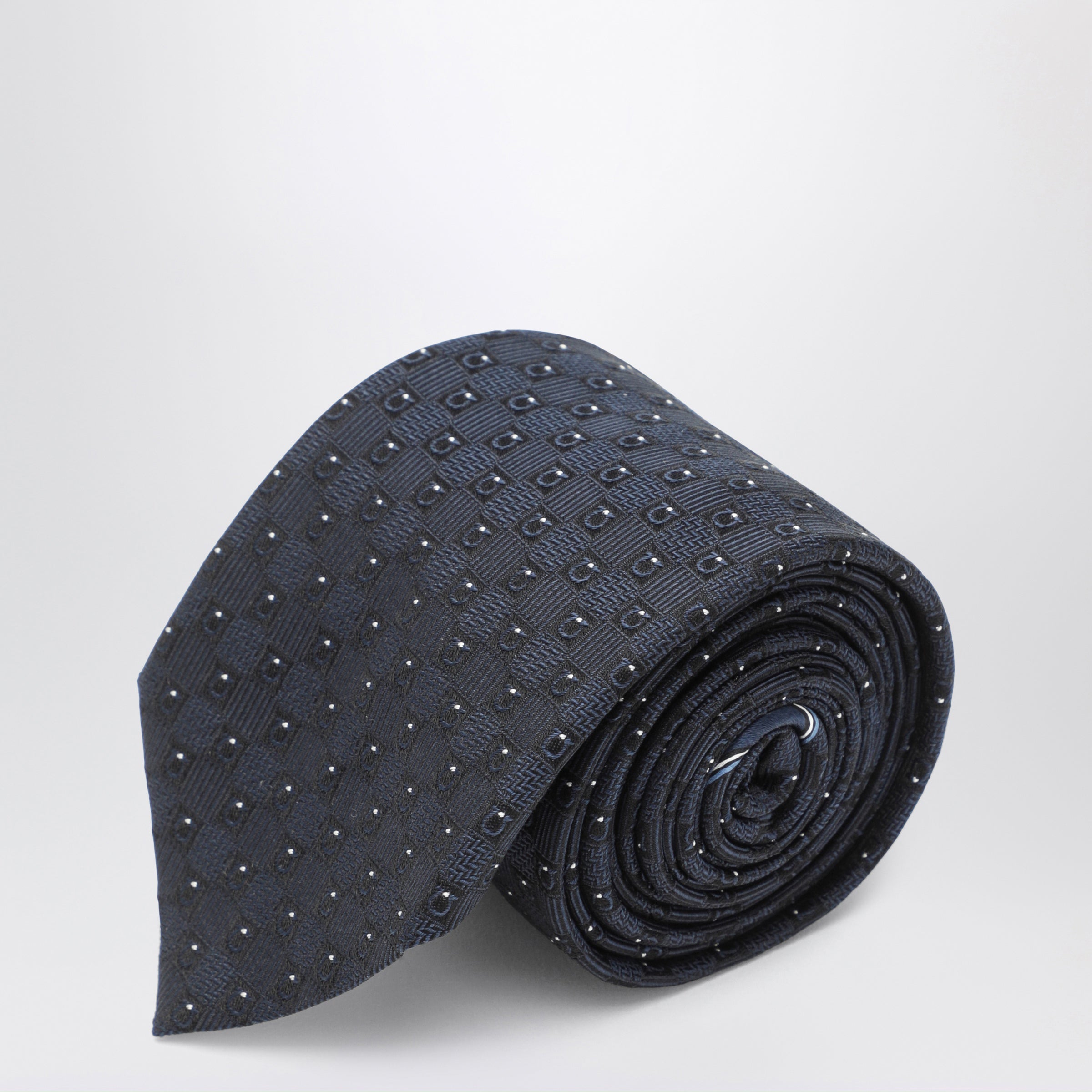 Ferragamo Dark Blue Gancini Silk Jacquard Tie