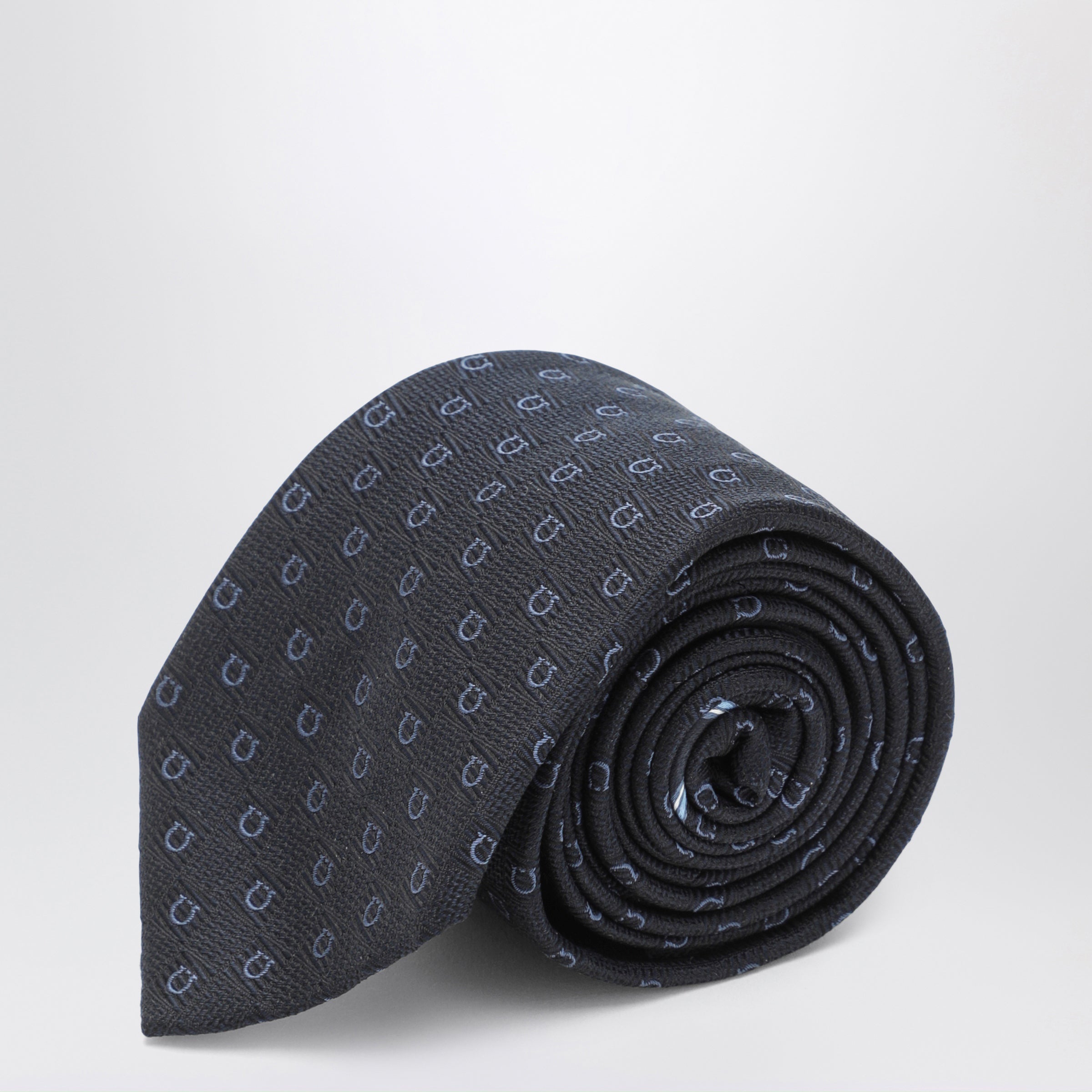 Ferragamo Dark Blue Gancini Silk Jacquard Tie