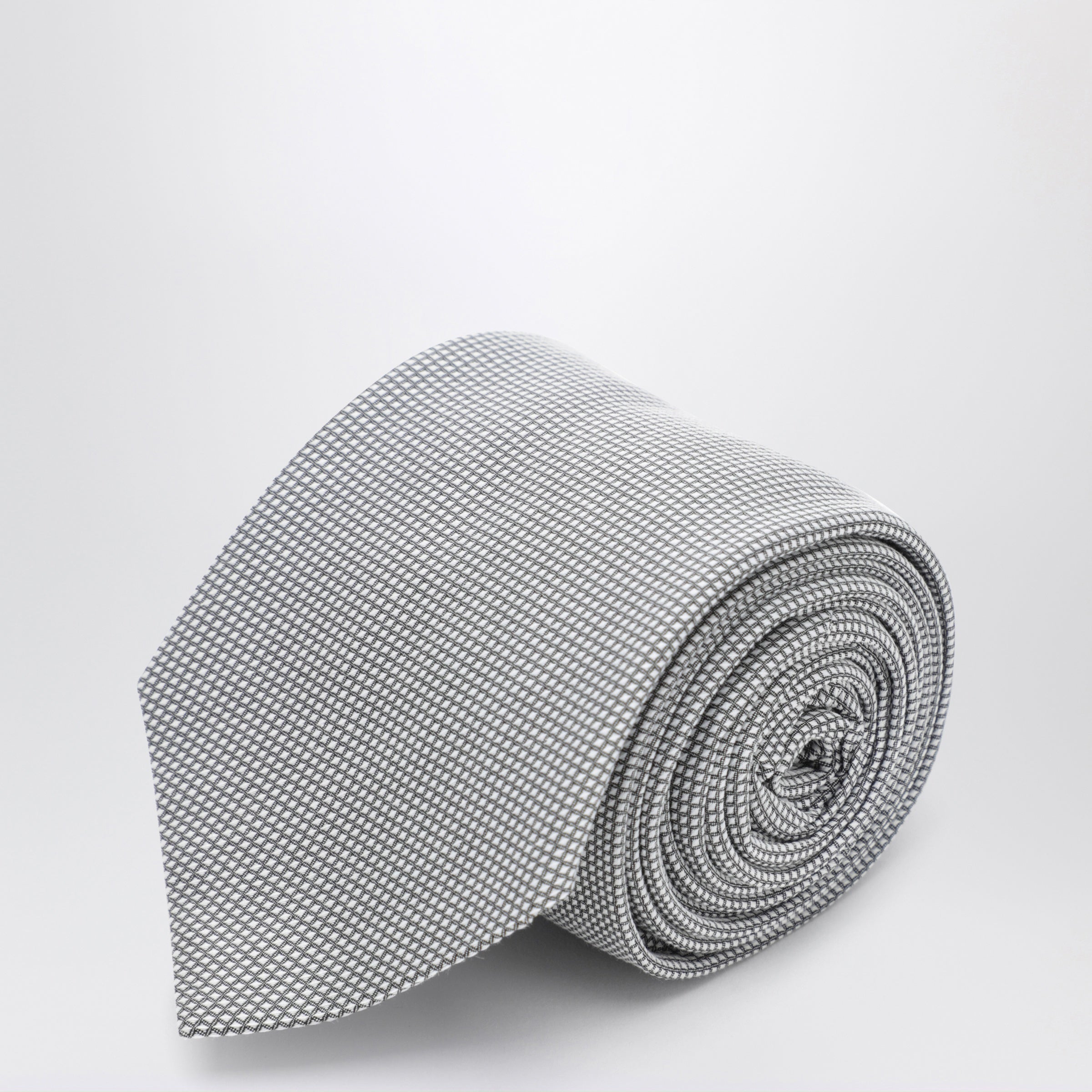 Ferragamo Pearl Grey Silk Tie With Micro-Check Pat
