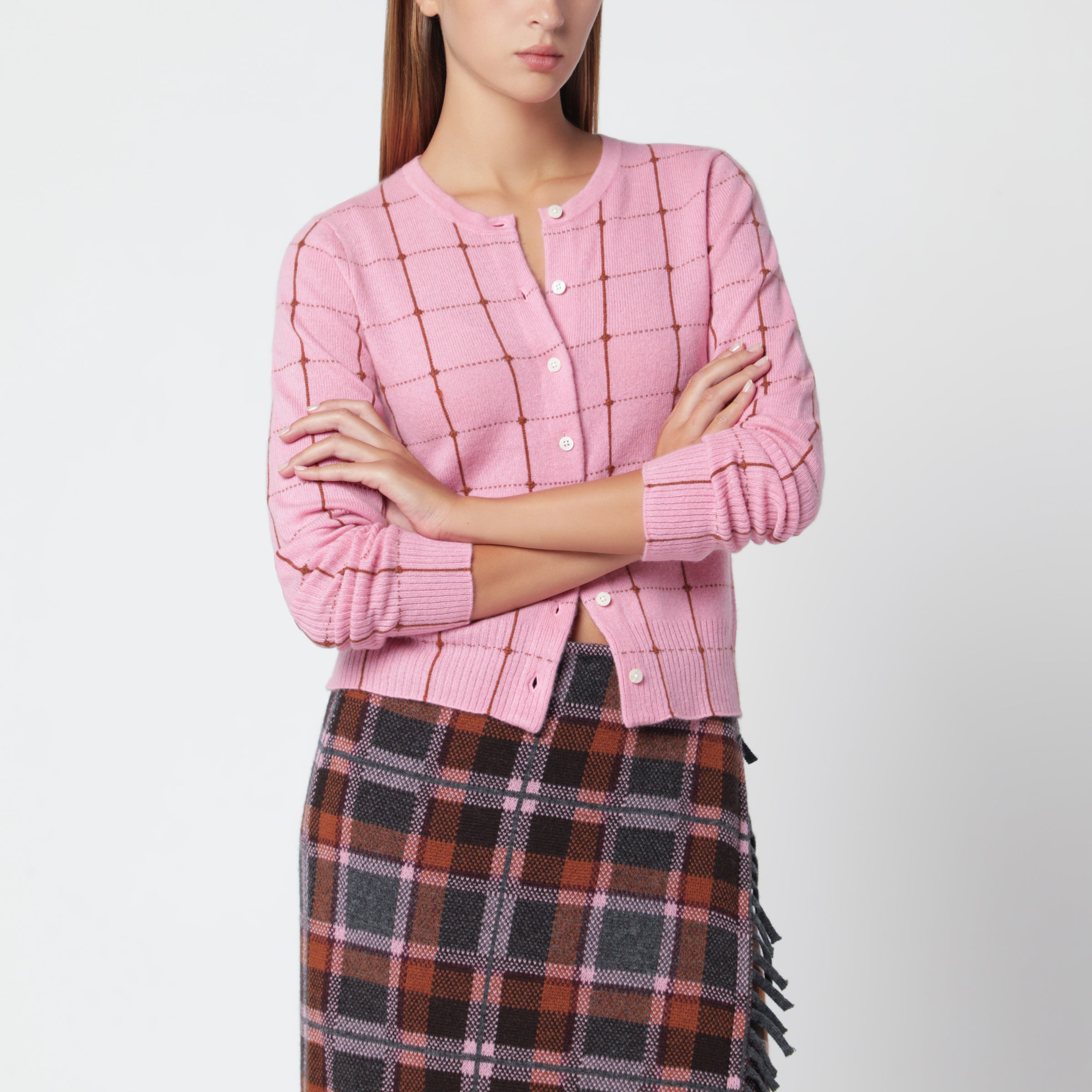 Guest In Residence Jane Checker Light Brown/Pink Cardigan