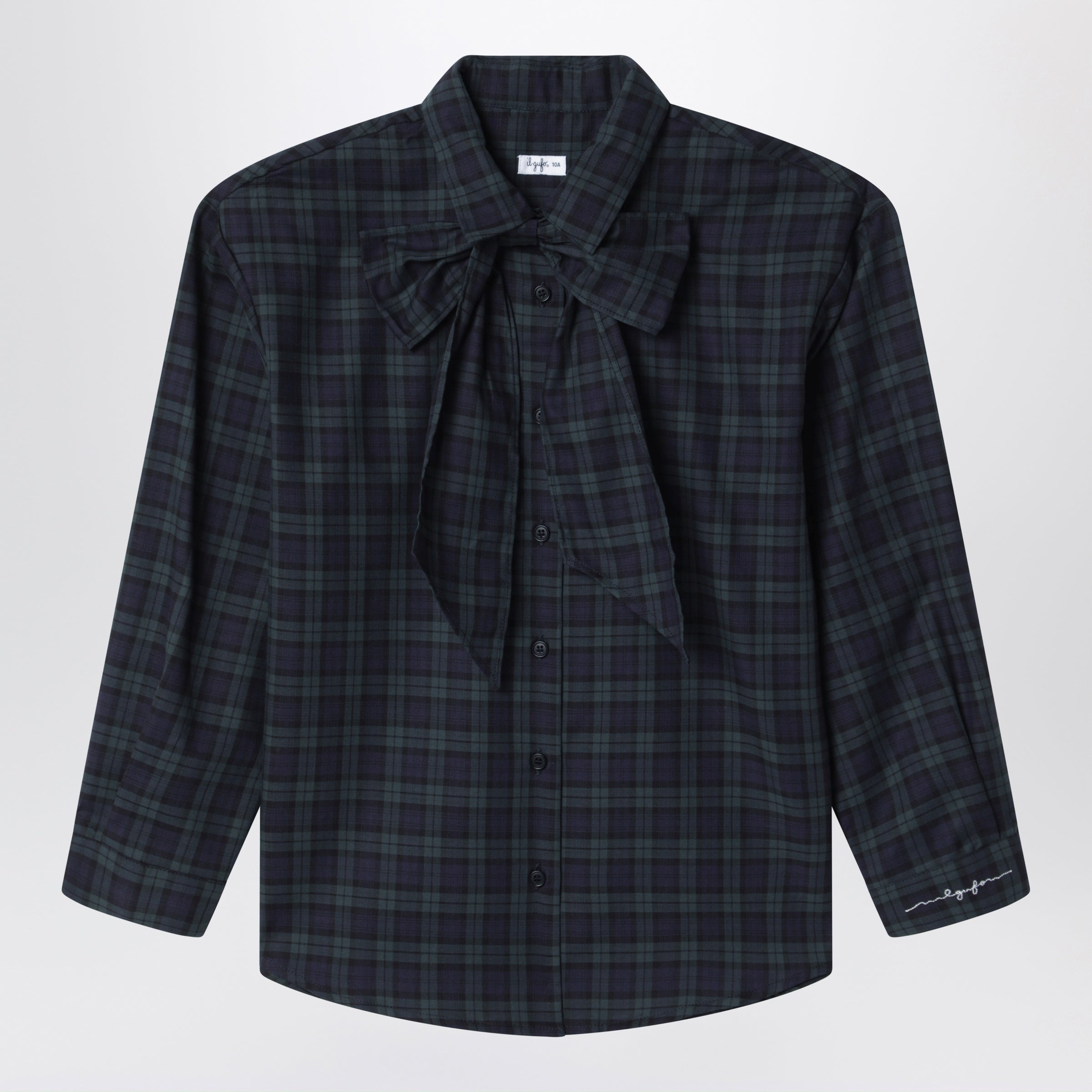 Il Gufo Green Tartan Cotton Shirt With Maxi Bow
